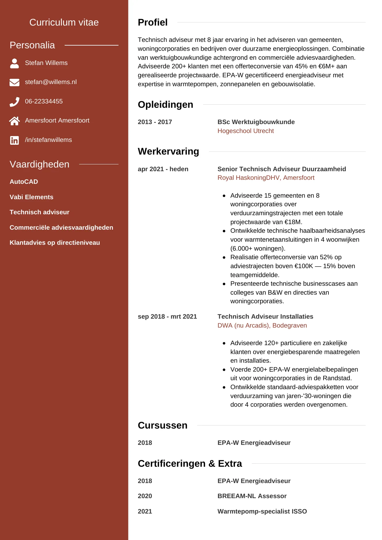 Voorbeeld CV voor technisch adviseur in template Modern. CV Modern voor technisch adviseur