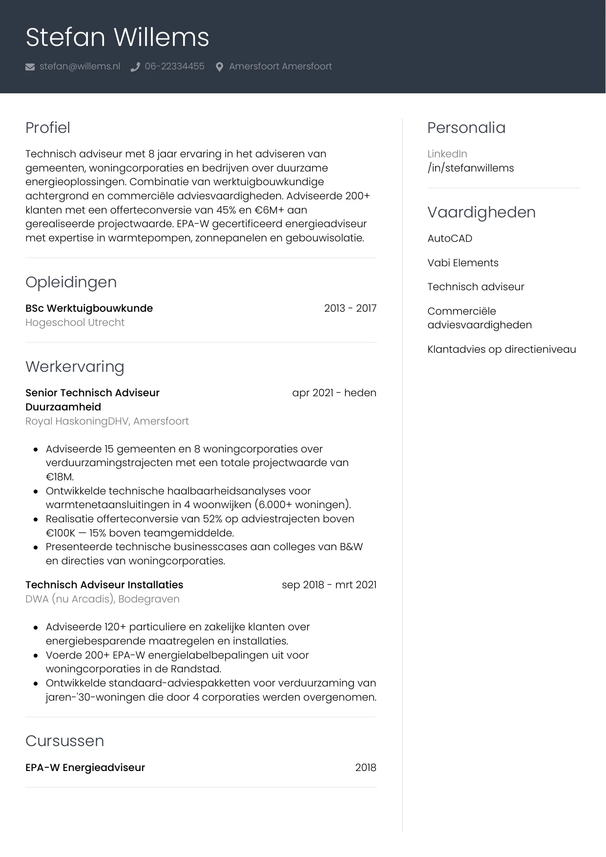 Voorbeeld CV voor technisch adviseur in template Professioneel. CV Professioneel voor technisch adviseur