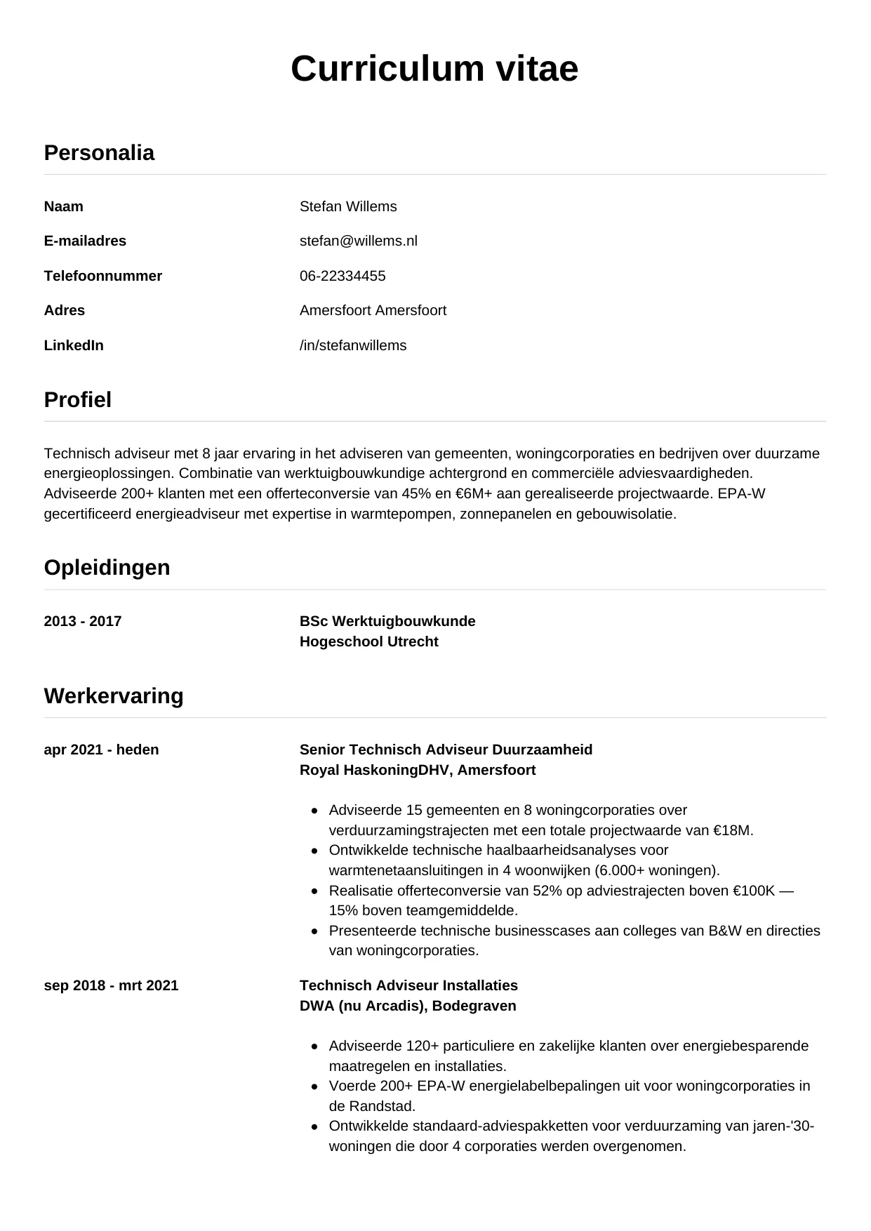 Voorbeeld CV voor technisch adviseur in template Simpel. CV Simpel voor technisch adviseur