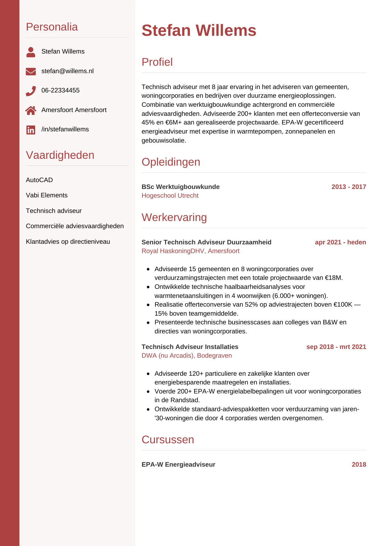 Voorbeeld CV voor technisch adviseur in template Verticaal. CV Verticaal voor technisch adviseur