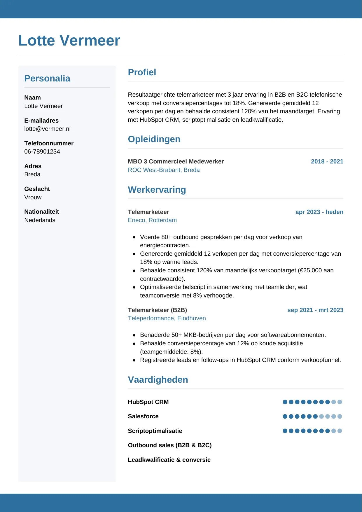 CV Horizontaal voor telemarketeer