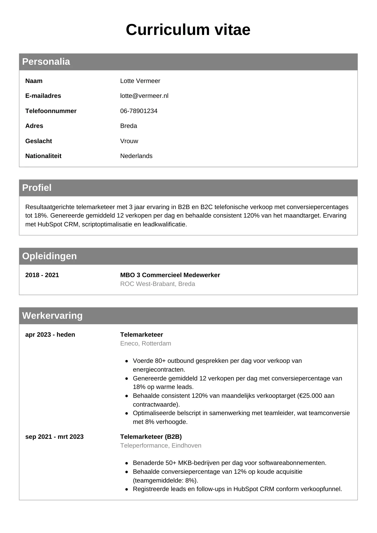 CV Klassiek voor telemarketeer