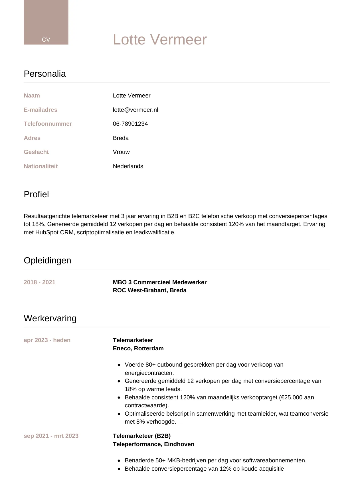 CV Luxe voor telemarketeer