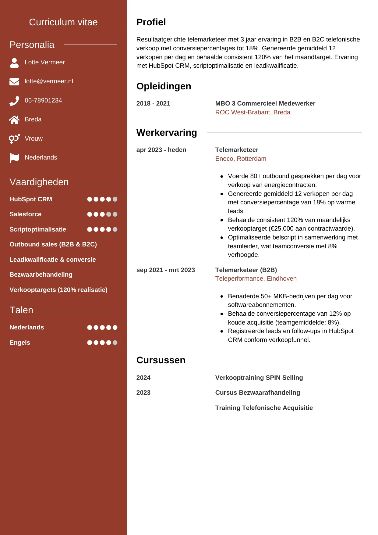 CV Modern voor telemarketeer