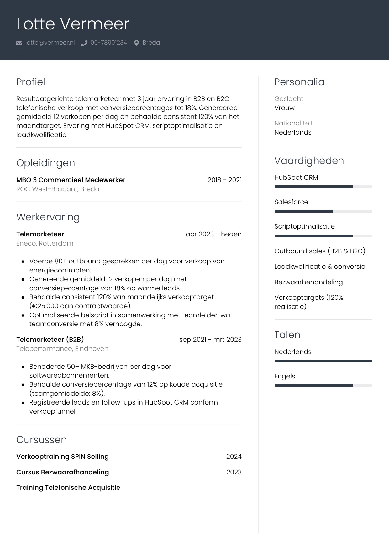CV Professioneel voor telemarketeer