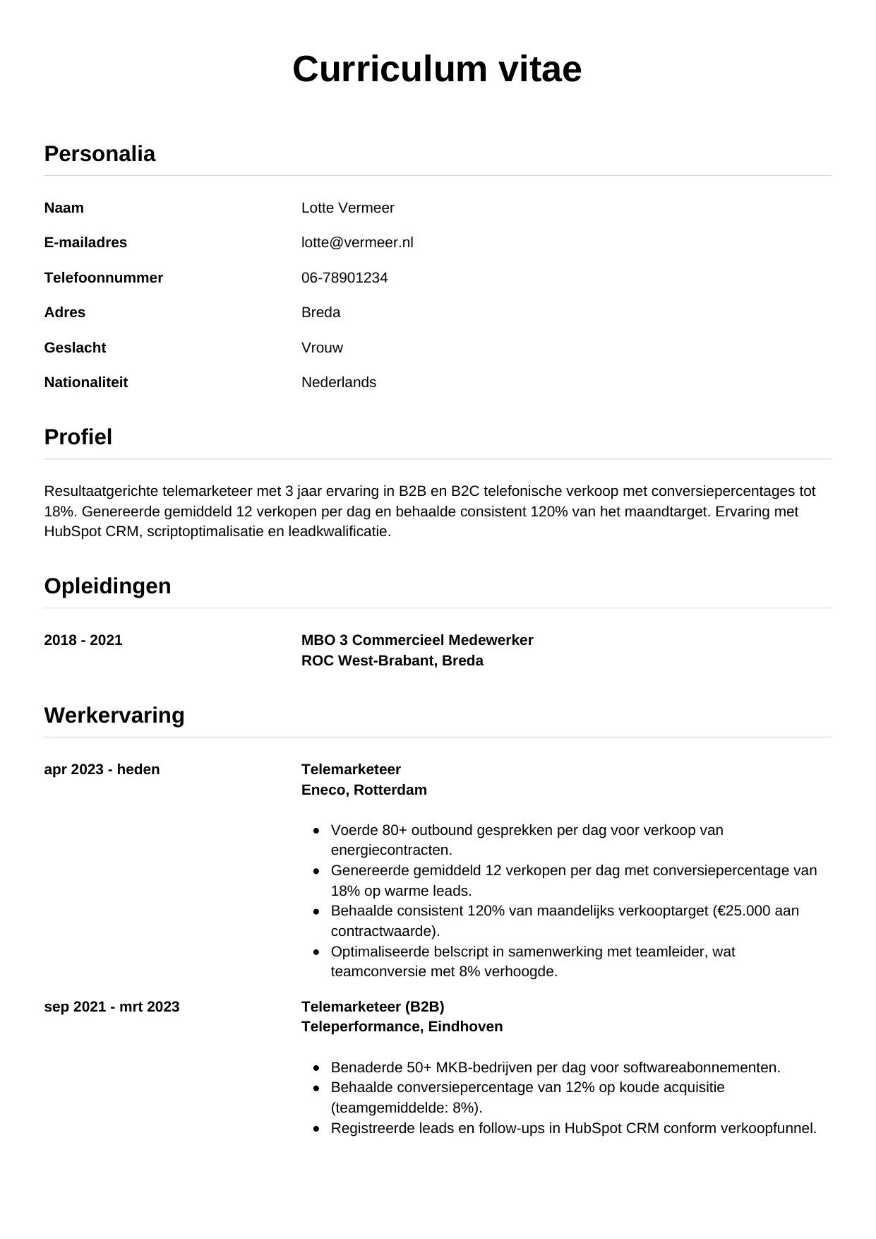 CV Simpel voor telemarketeer