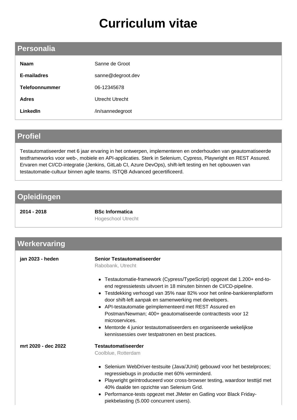CV Klassiek voor testautomatiseerder