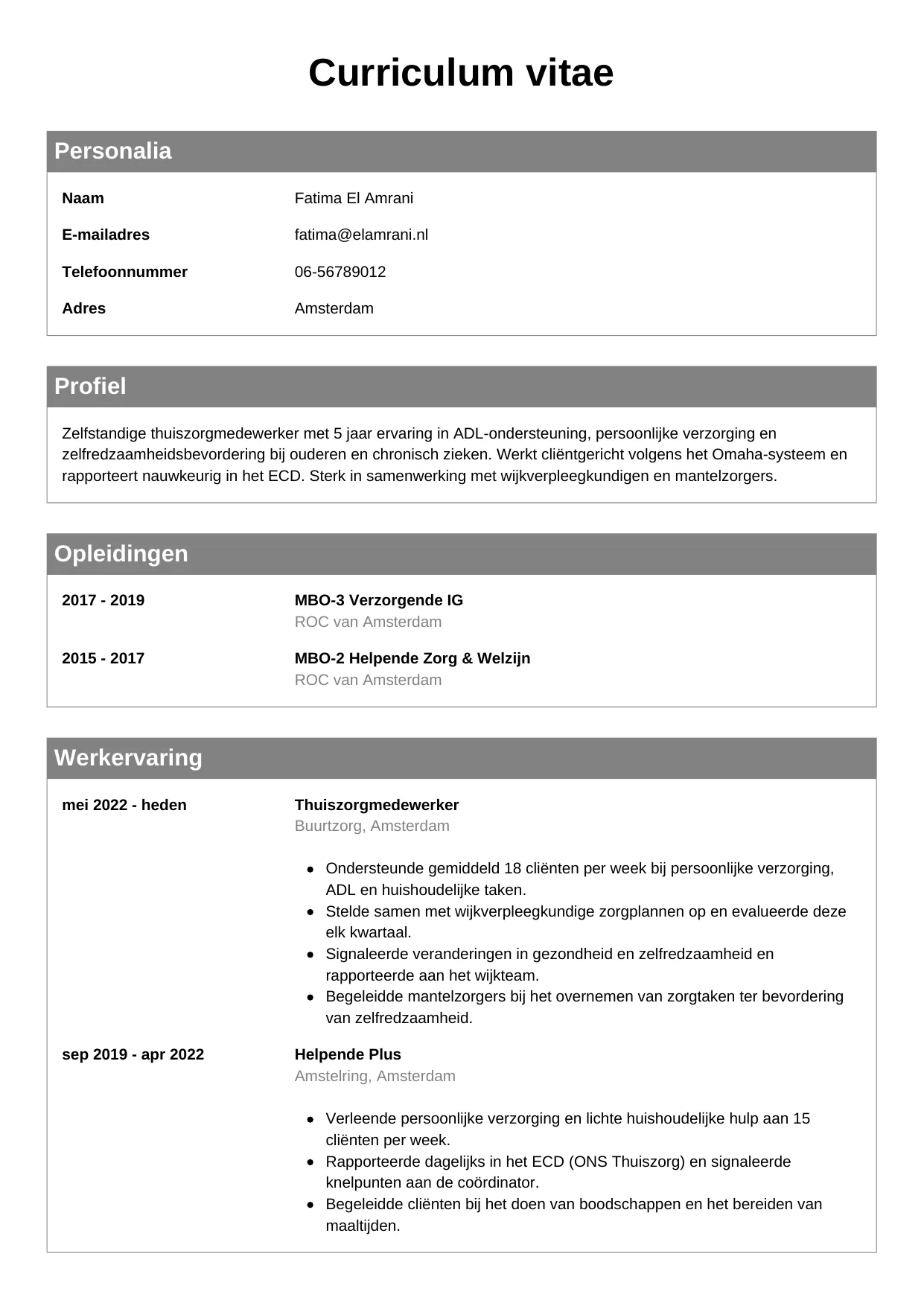 CV Klassiek voor thuiszorgmedewerker