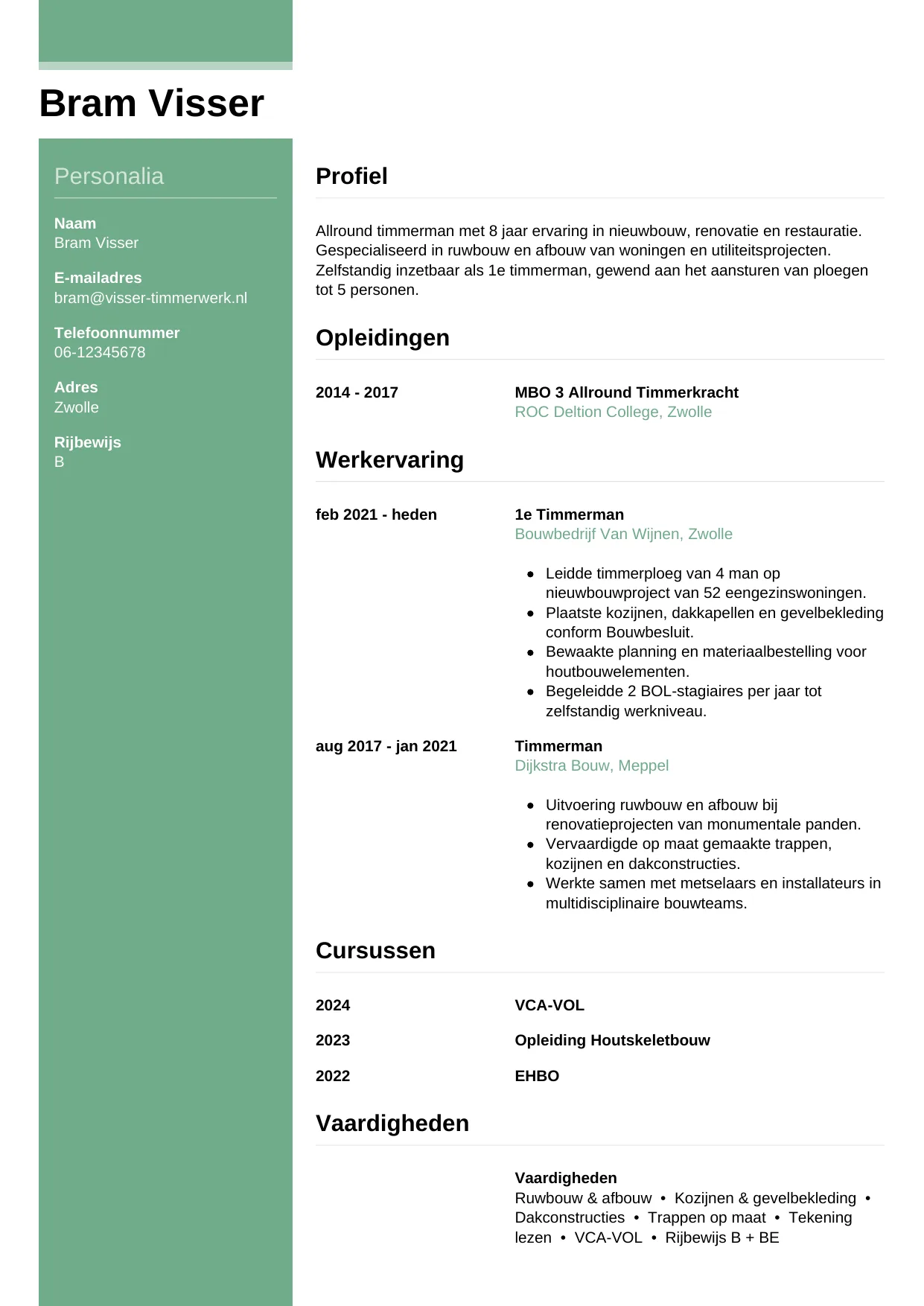 Voorbeeld CV voor timmerman in template Casual. CV Casual voor timmerman