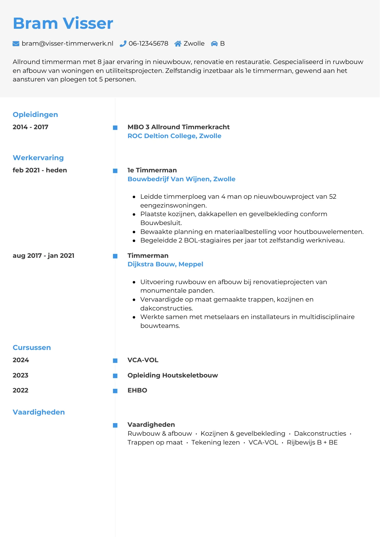 Voorbeeld CV voor timmerman in template Chrono. CV Chrono voor timmerman