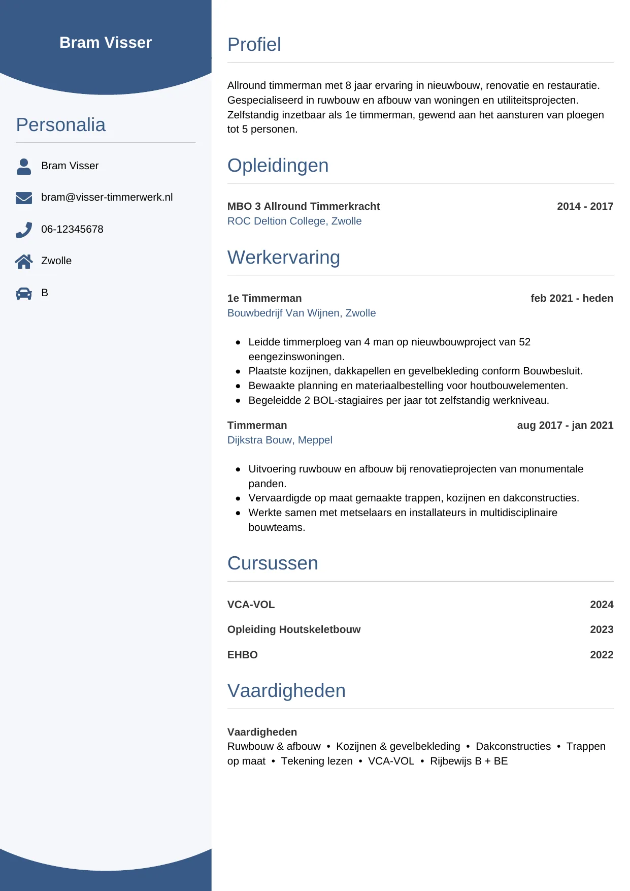 Voorbeeld CV voor timmerman in template Circulair. CV Circulair voor timmerman