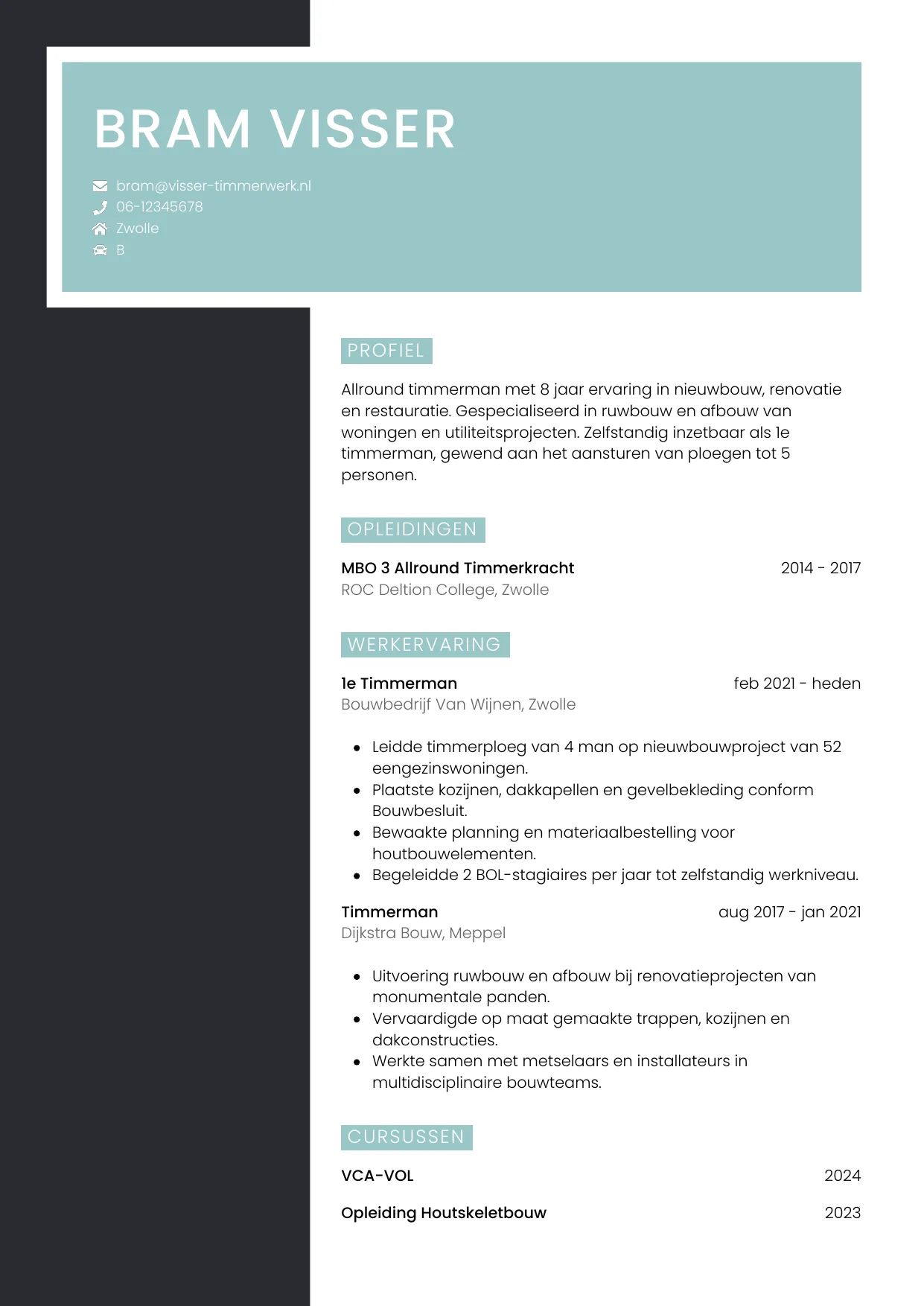 Voorbeeld CV voor timmerman in template Elegant. CV Elegant voor timmerman