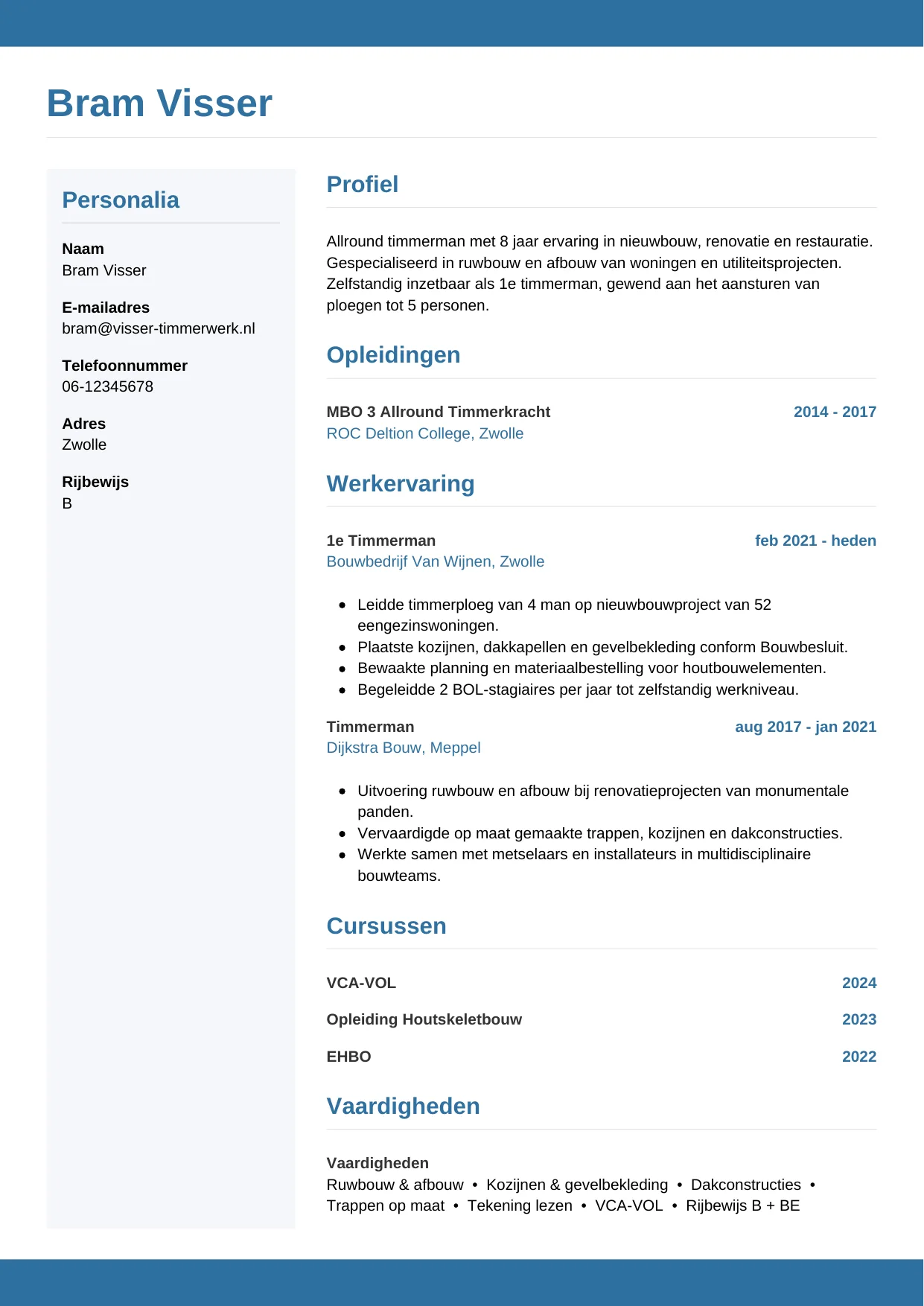 Voorbeeld CV voor timmerman in template Horizontaal. CV Horizontaal voor timmerman