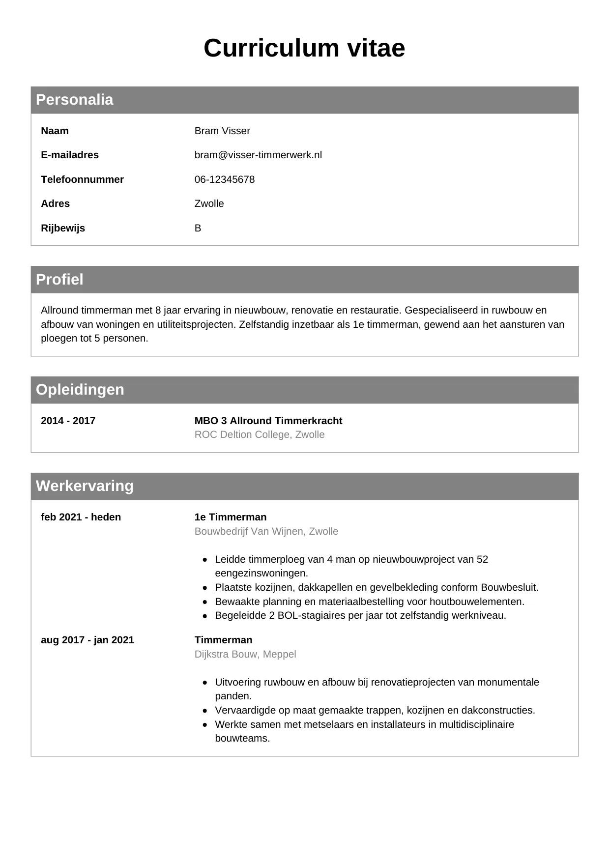 Voorbeeld CV voor timmerman in template Klassiek. CV Klassiek voor timmerman