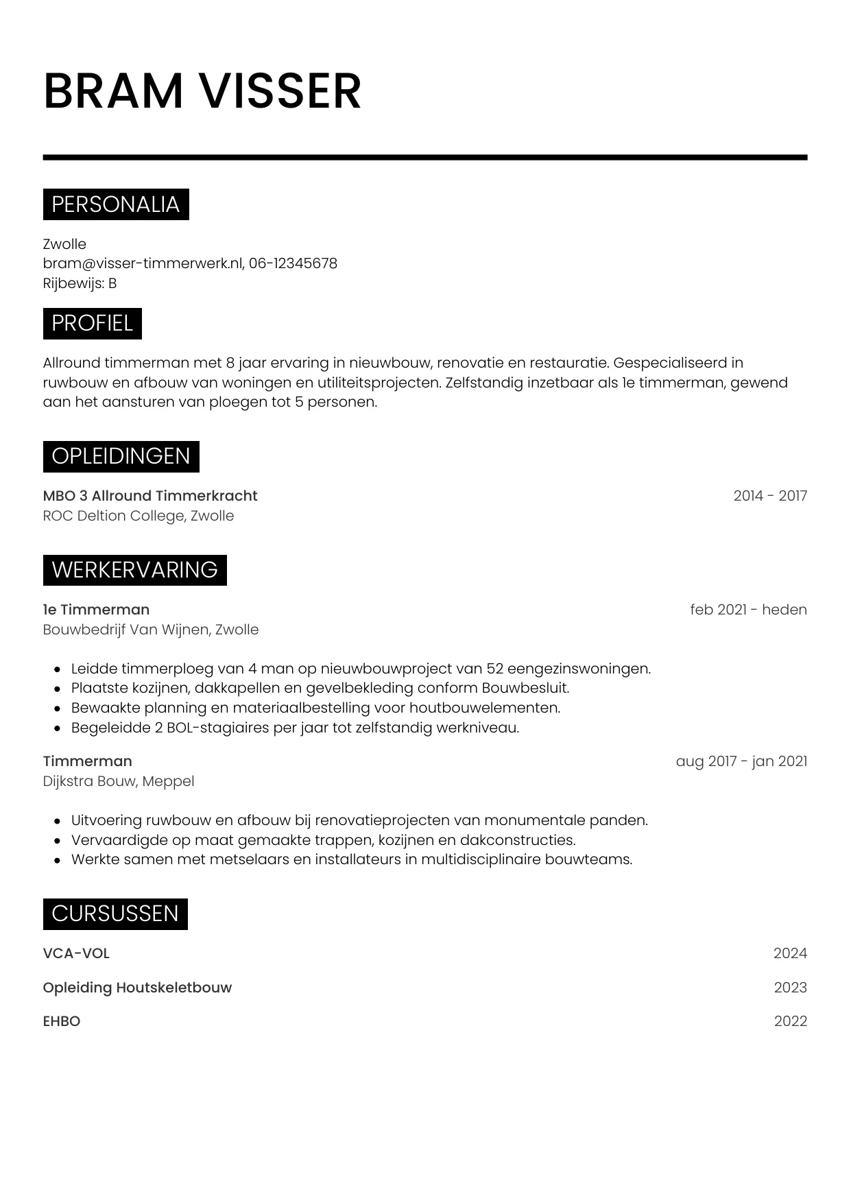 Voorbeeld CV voor timmerman in template Metro. CV Metro voor timmerman