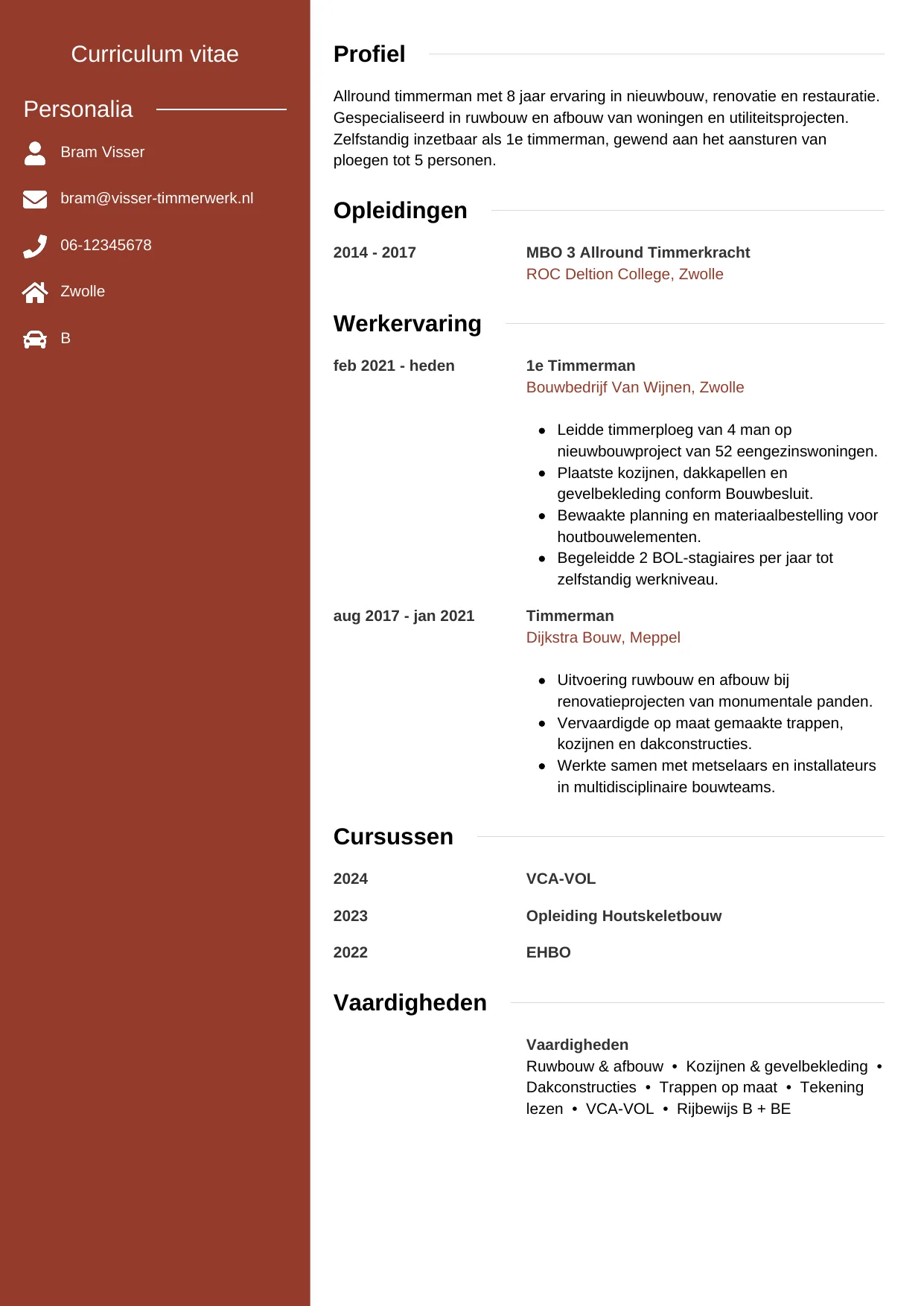 Voorbeeld CV voor timmerman in template Modern. CV Modern voor timmerman