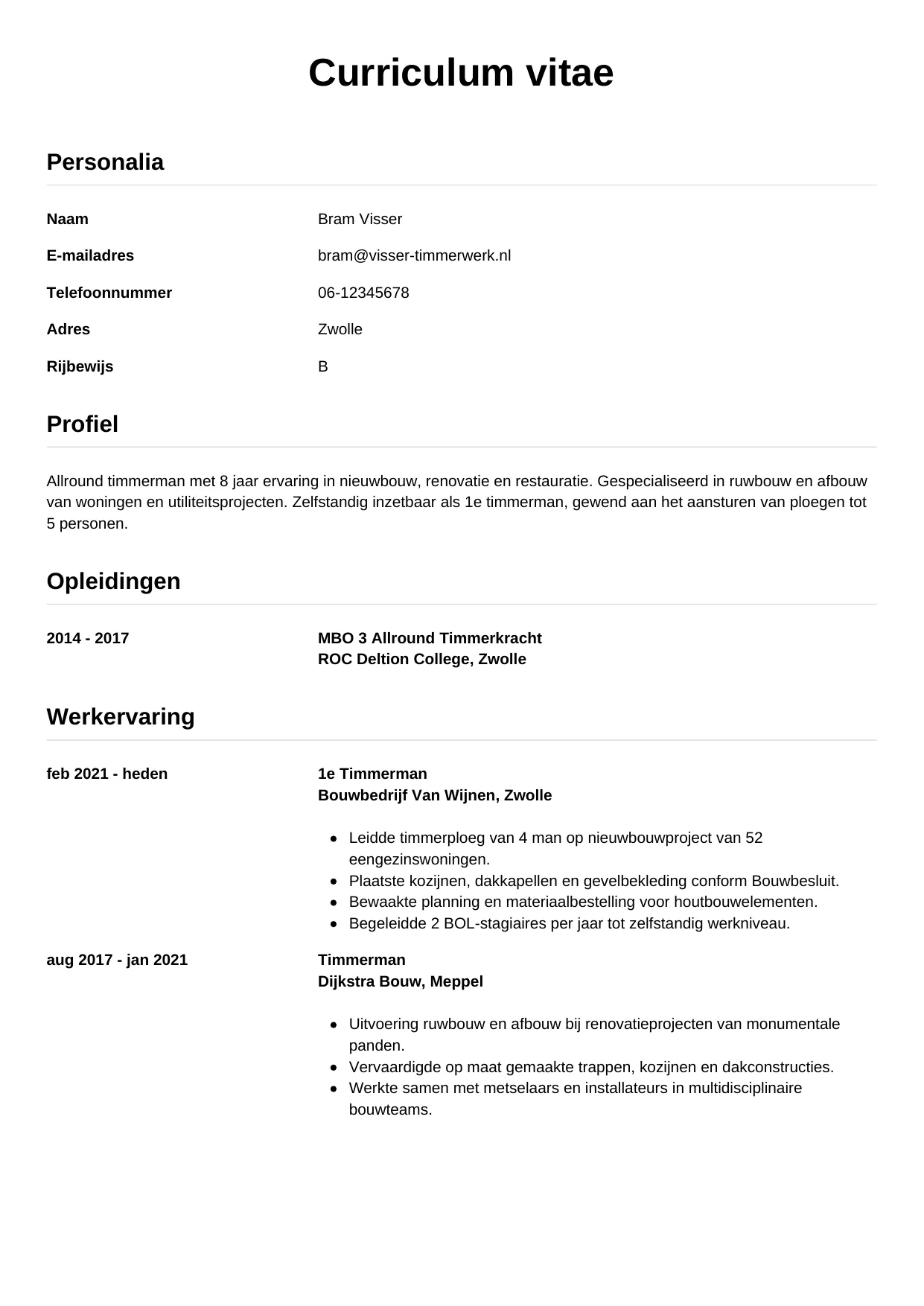 Voorbeeld CV voor timmerman in template Simpel. CV Simpel voor timmerman