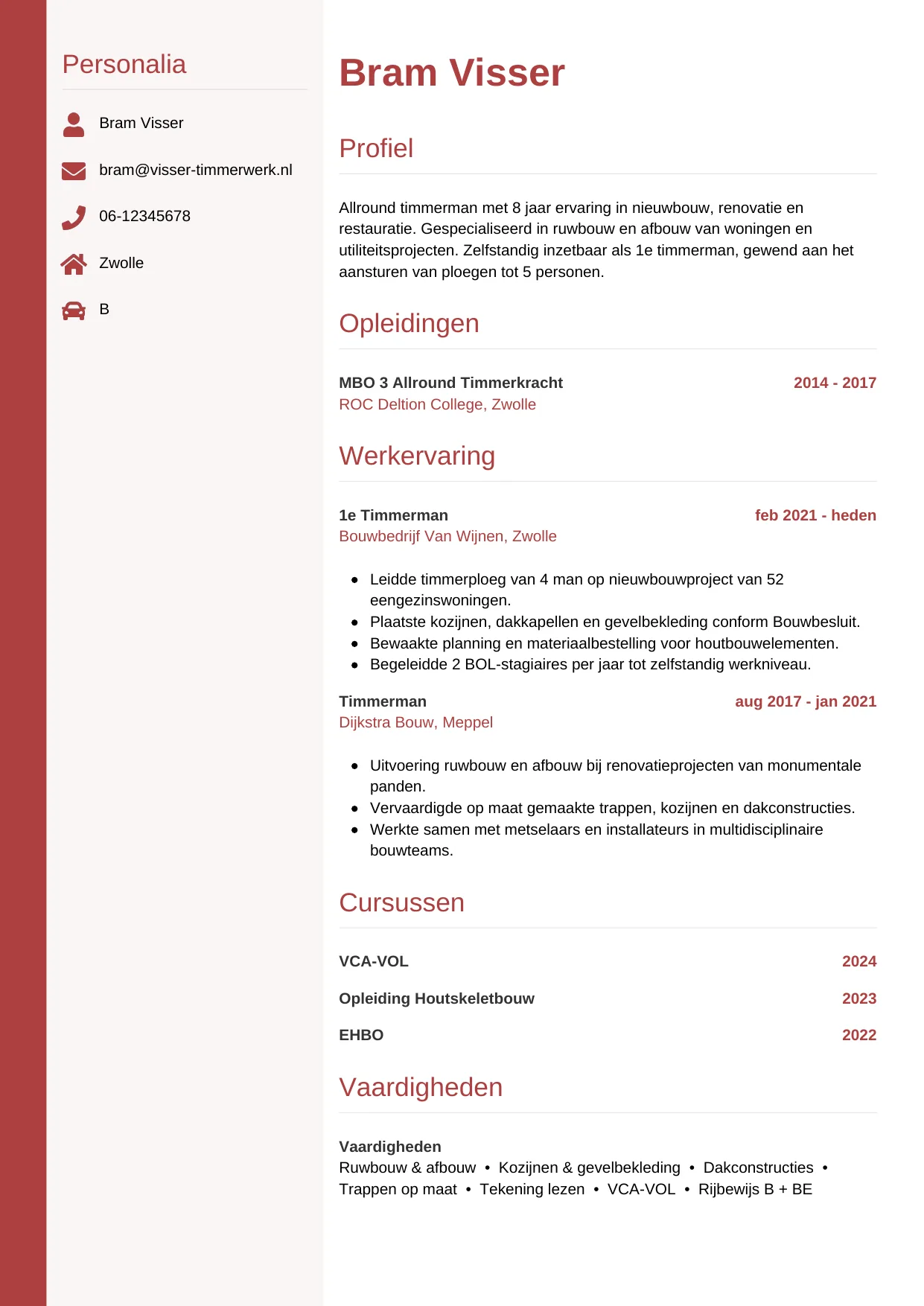 Voorbeeld CV voor timmerman in template Verticaal. CV Verticaal voor timmerman