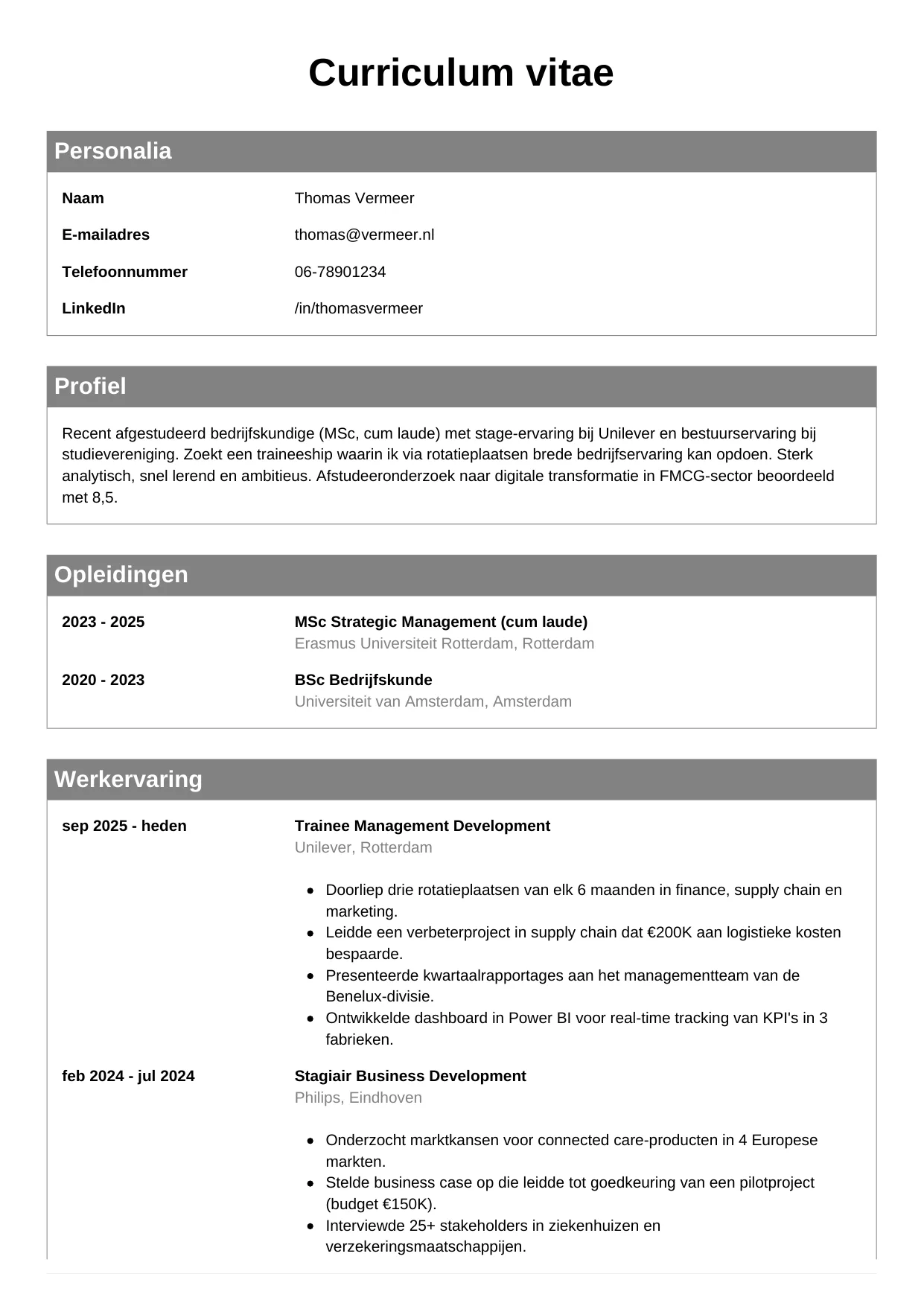 CV Klassiek voor trainee