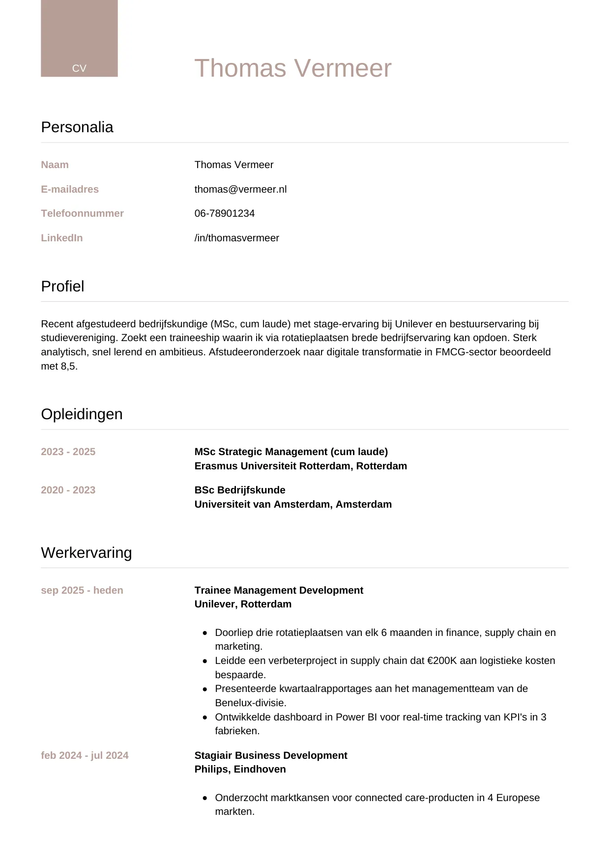 CV Luxe voor trainee