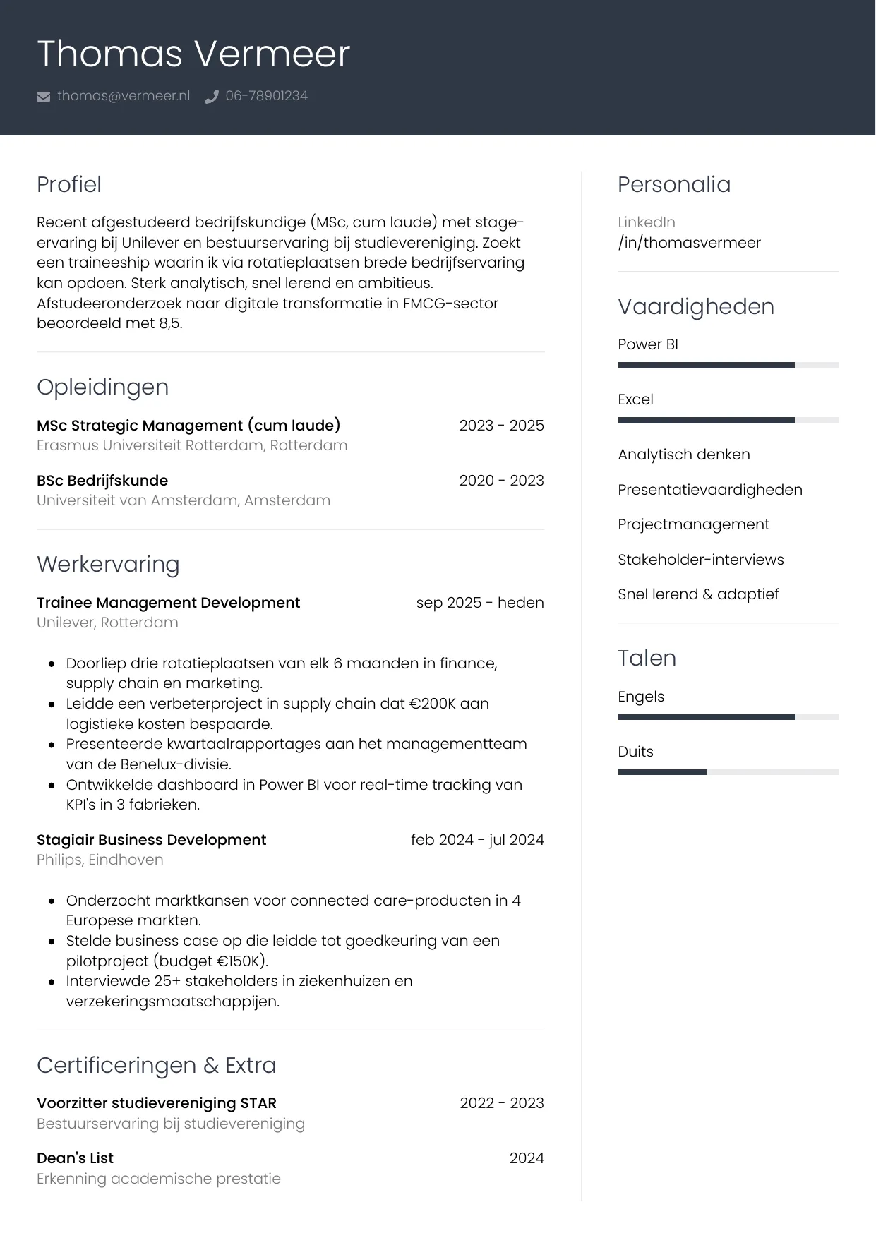 CV Professioneel voor trainee