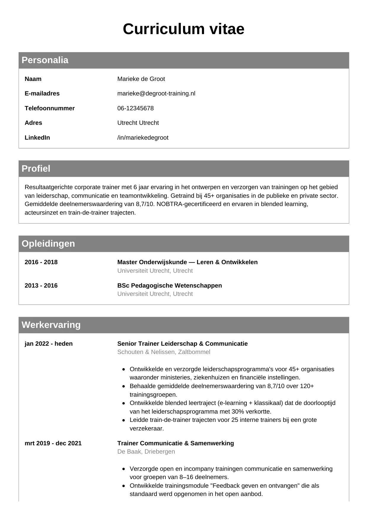 CV Klassiek voor trainer