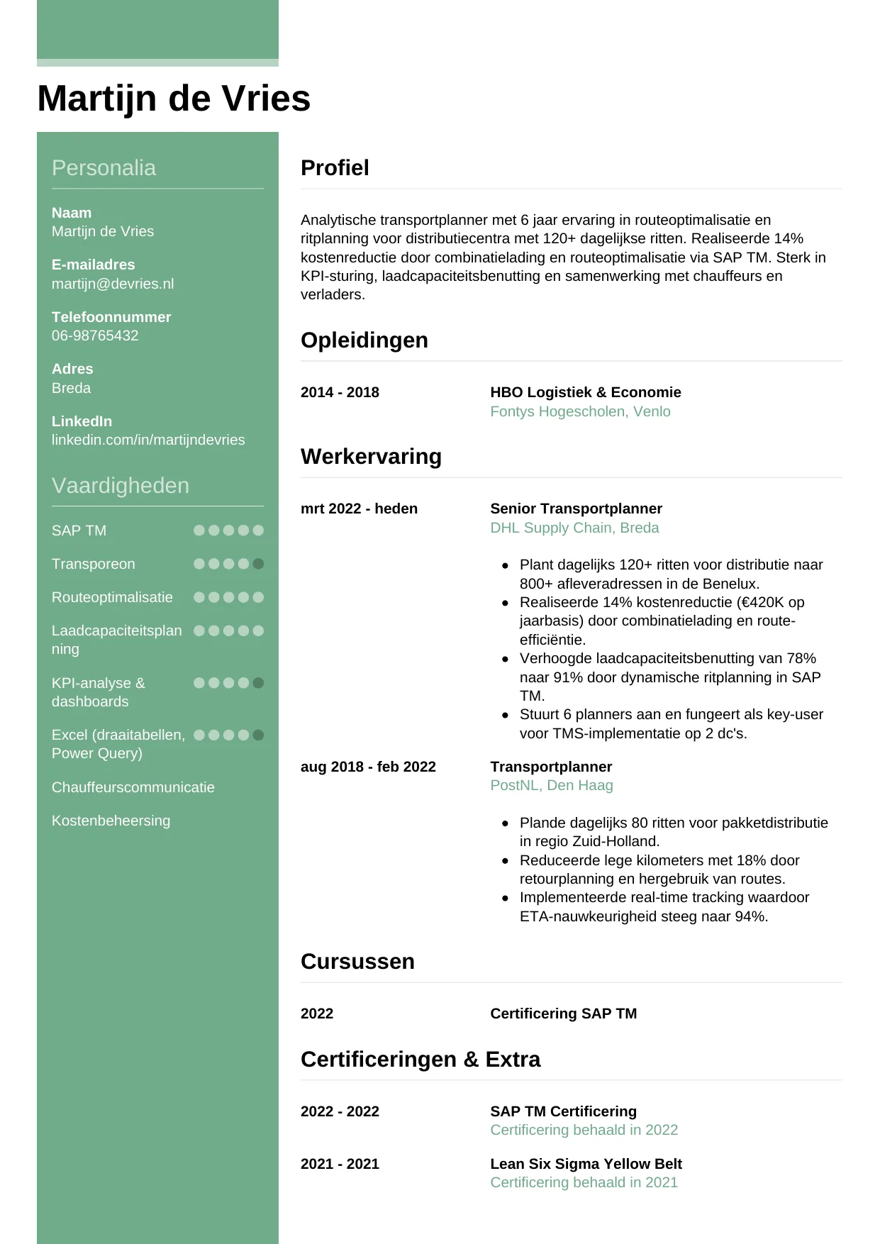 Voorbeeld CV voor transportplanner in template Casual. CV Casual voor transportplanner