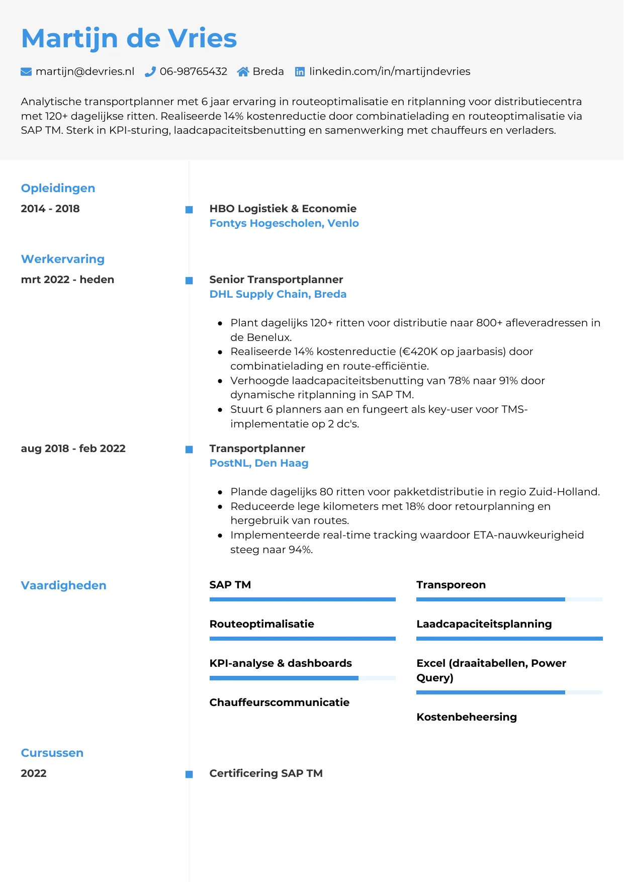 Voorbeeld CV voor transportplanner in template Chrono. CV Chrono voor transportplanner