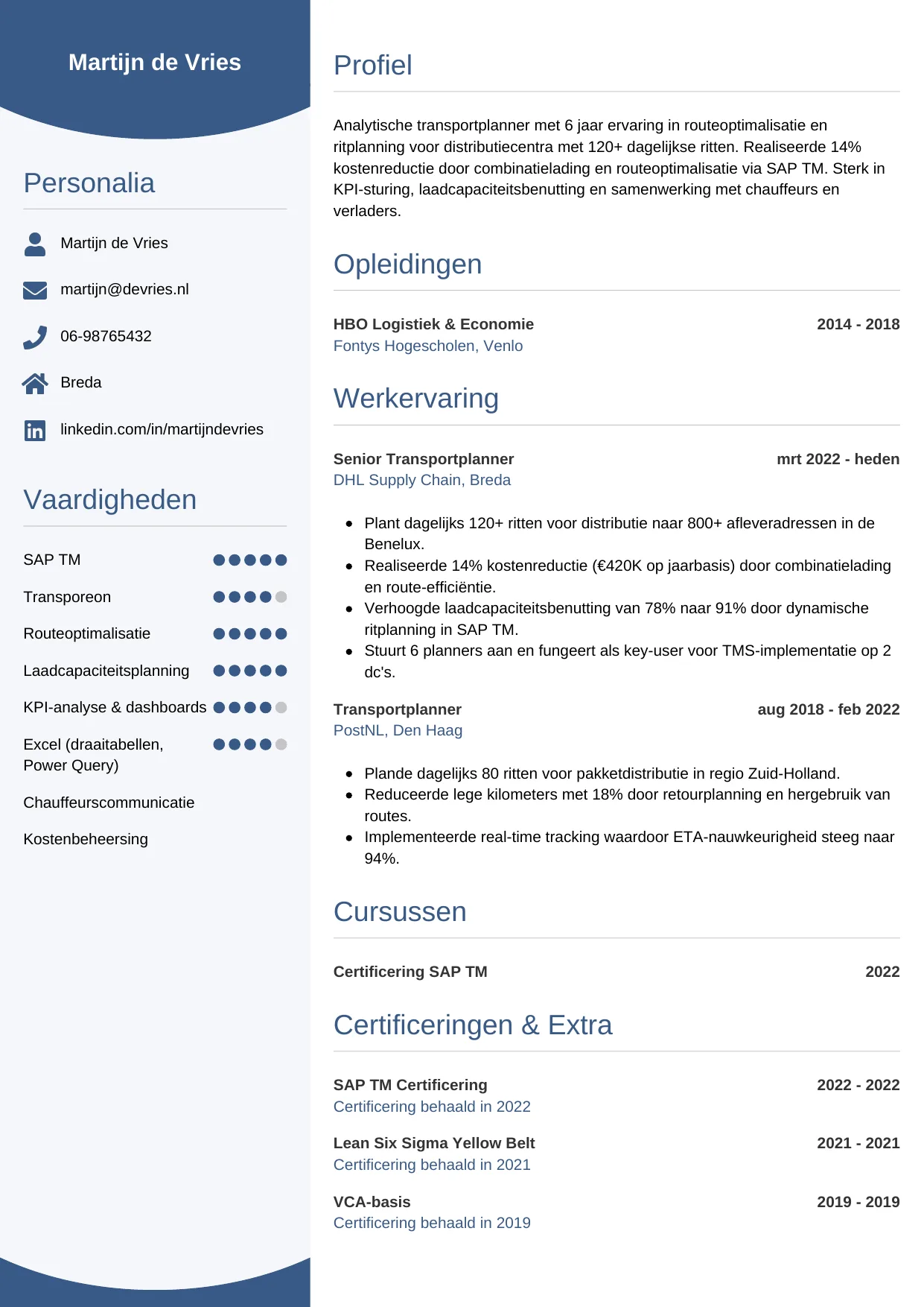 Voorbeeld CV voor transportplanner in template Circulair. CV Circulair voor transportplanner