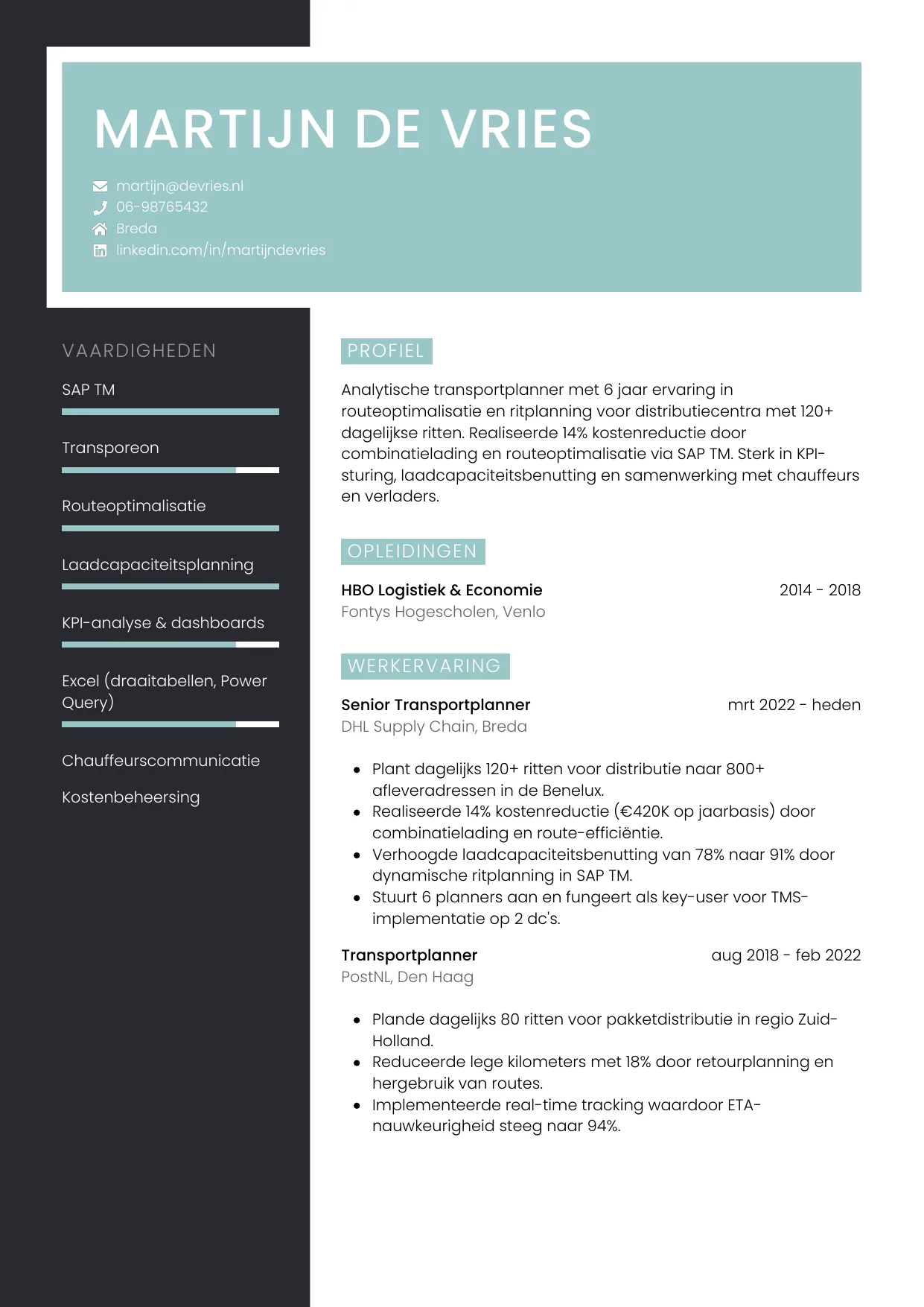 Voorbeeld CV voor transportplanner in template Elegant. CV Elegant voor transportplanner