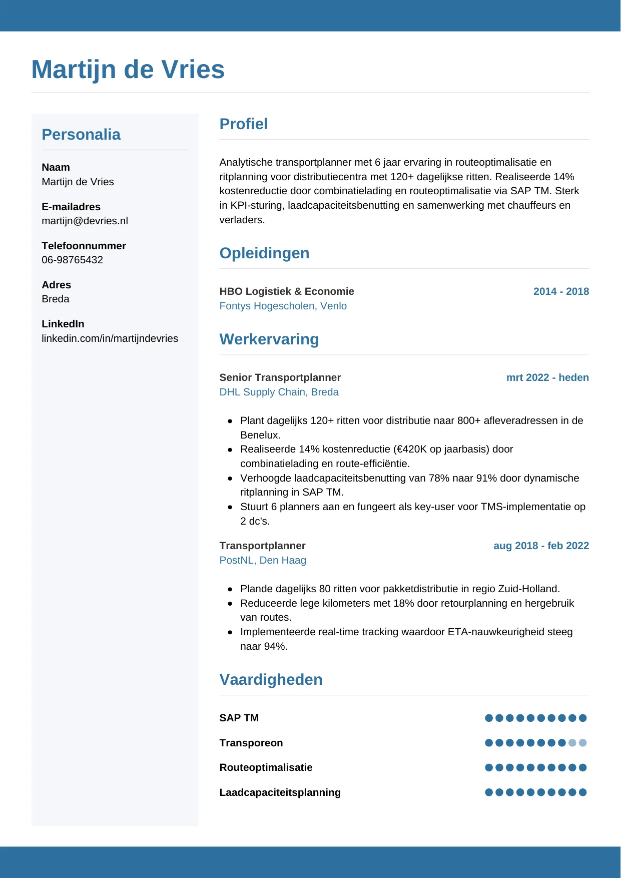 Voorbeeld CV voor transportplanner in template Horizontaal. CV Horizontaal voor transportplanner