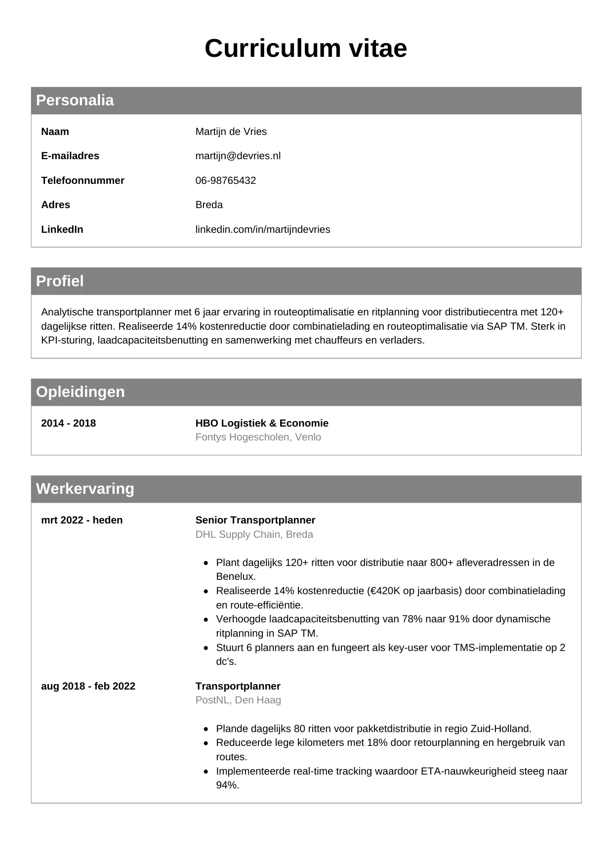 Voorbeeld CV voor transportplanner in template Klassiek. CV Klassiek voor transportplanner