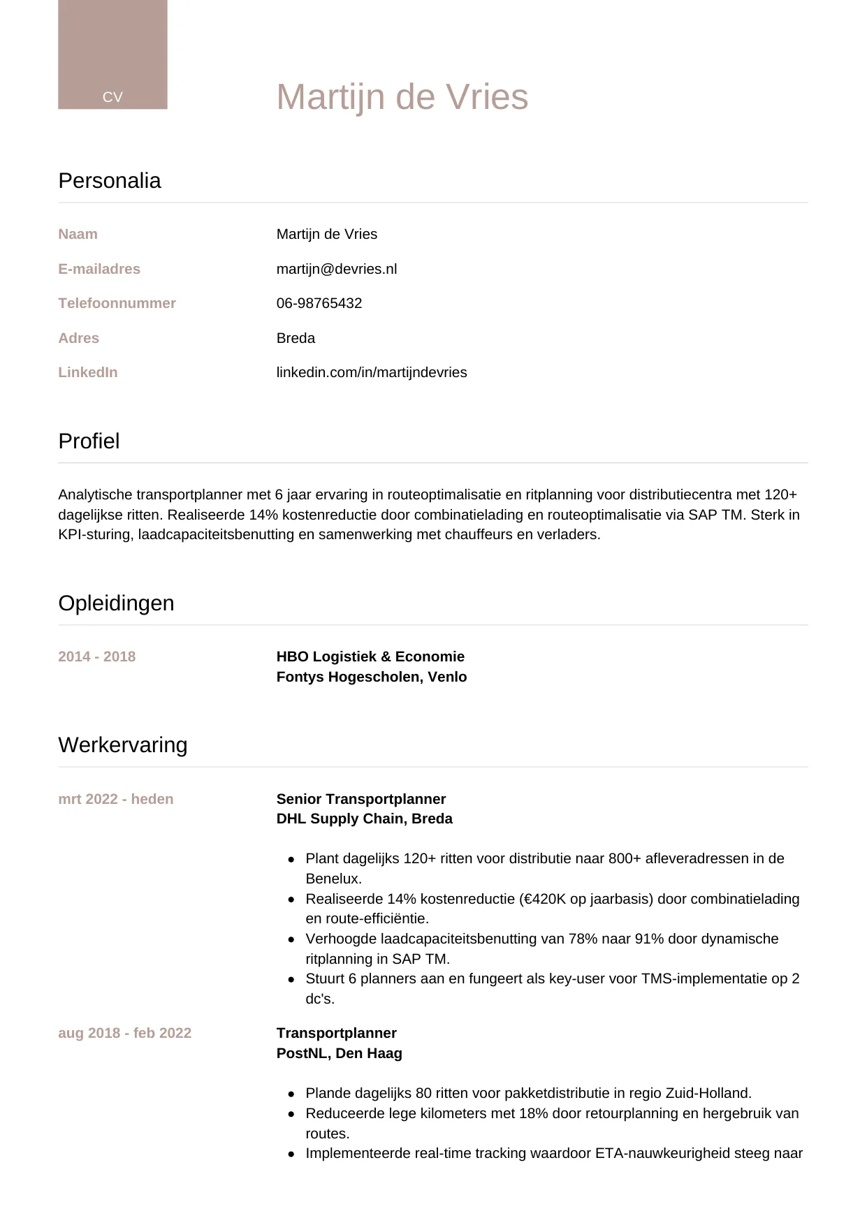 Voorbeeld CV voor transportplanner in template Luxe. CV Luxe voor transportplanner