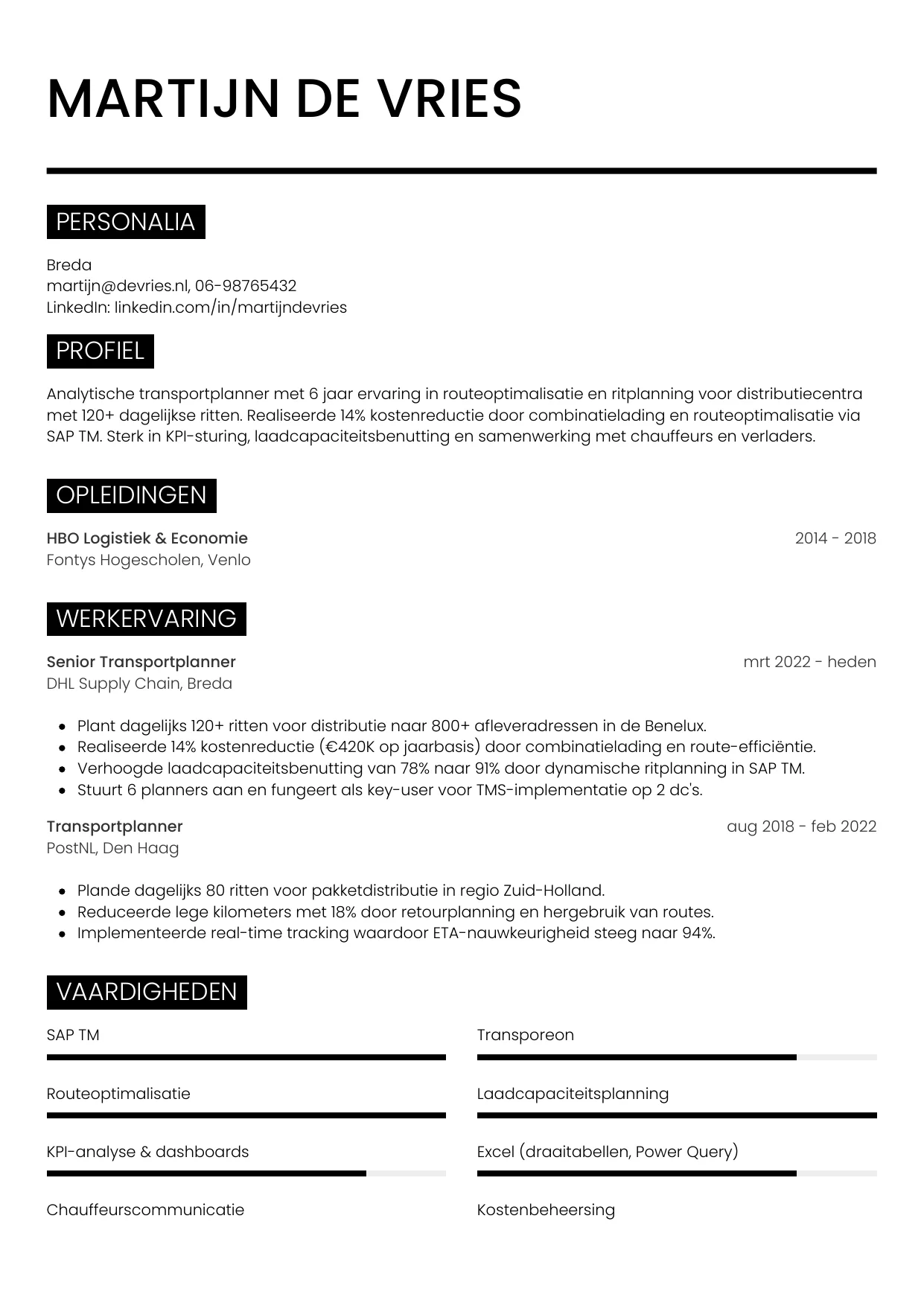 Voorbeeld CV voor transportplanner in template Metro. CV Metro voor transportplanner