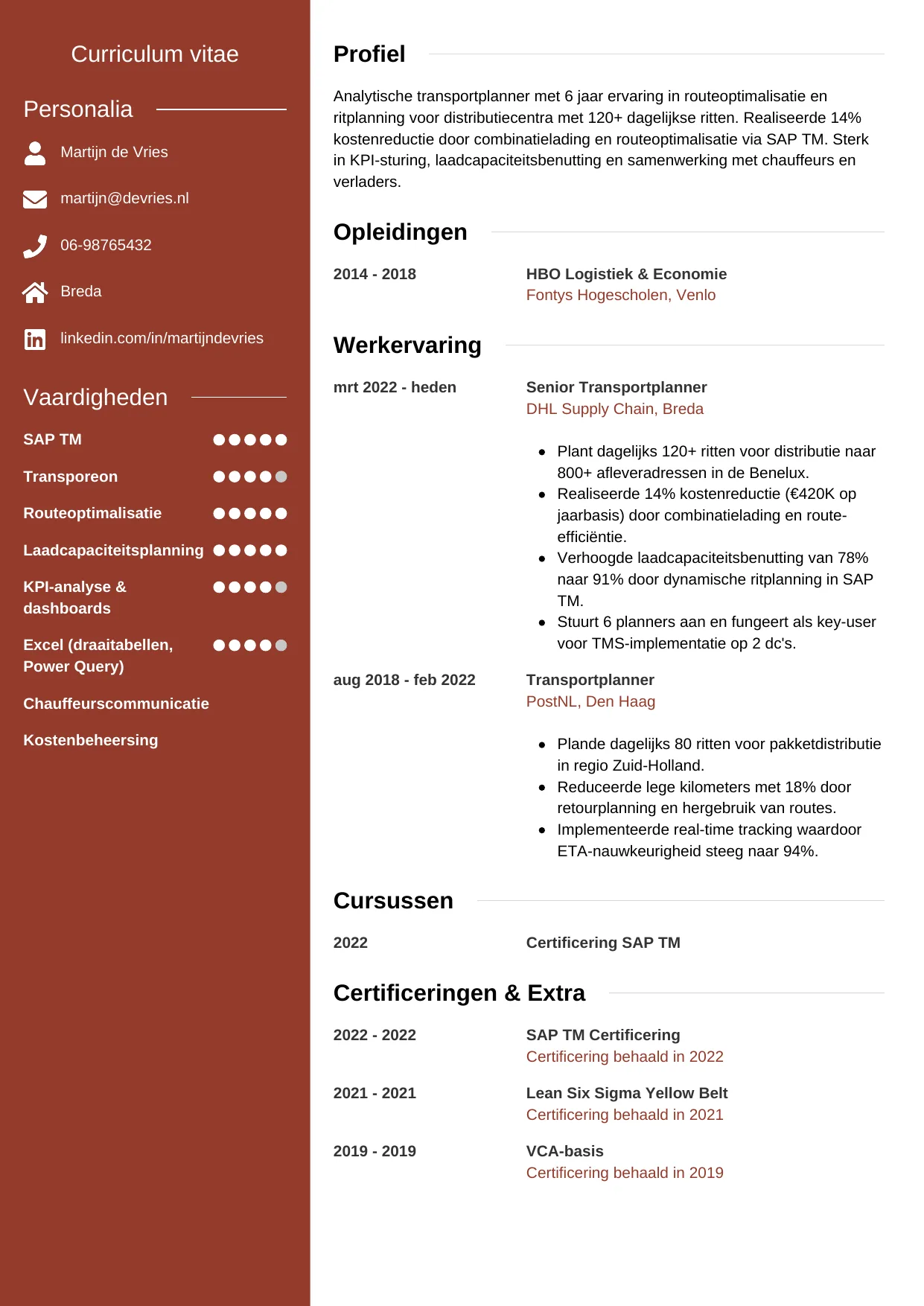 Voorbeeld CV voor transportplanner in template Modern. CV Modern voor transportplanner