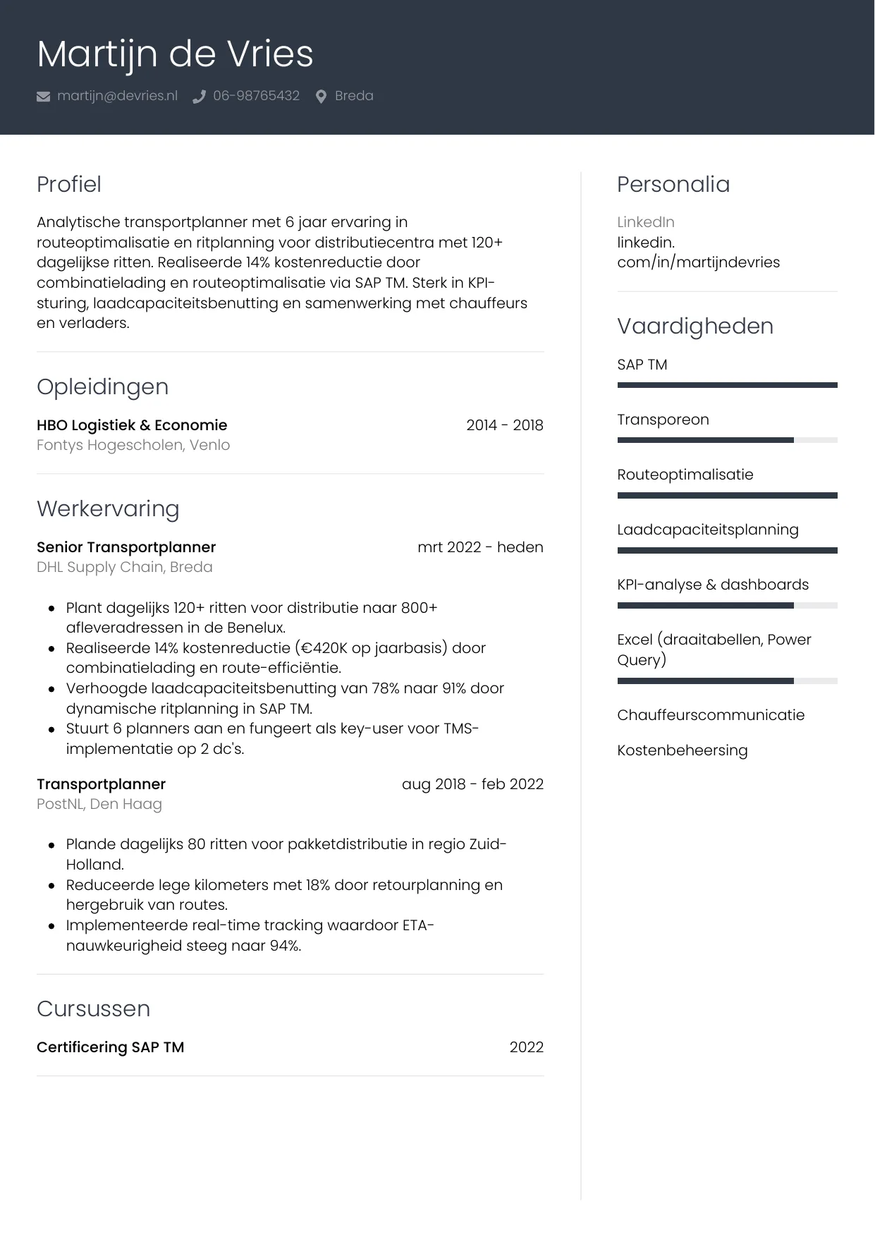 Voorbeeld CV voor transportplanner in template Professioneel. CV Professioneel voor transportplanner