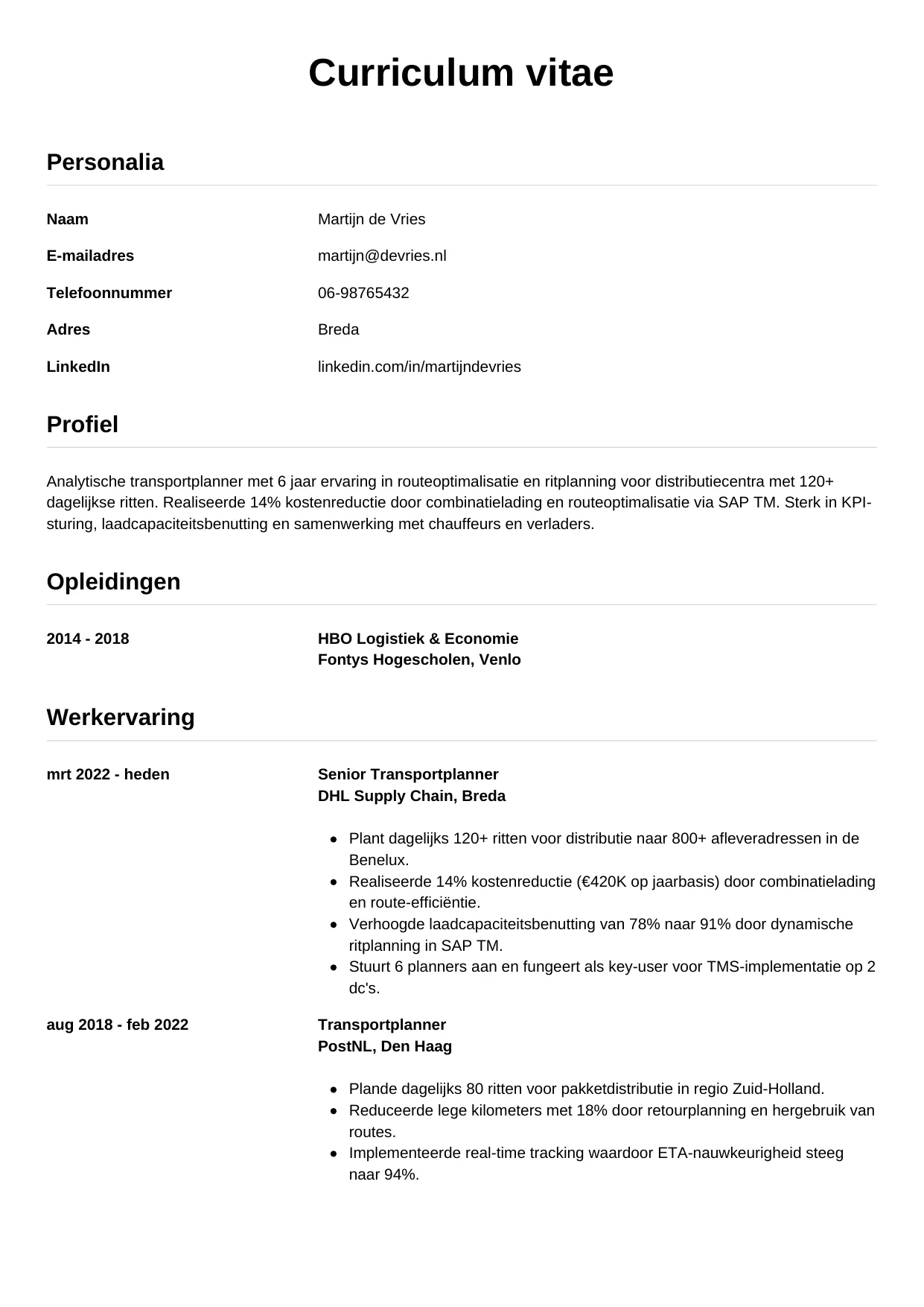 Voorbeeld CV voor transportplanner in template Simpel. CV Simpel voor transportplanner