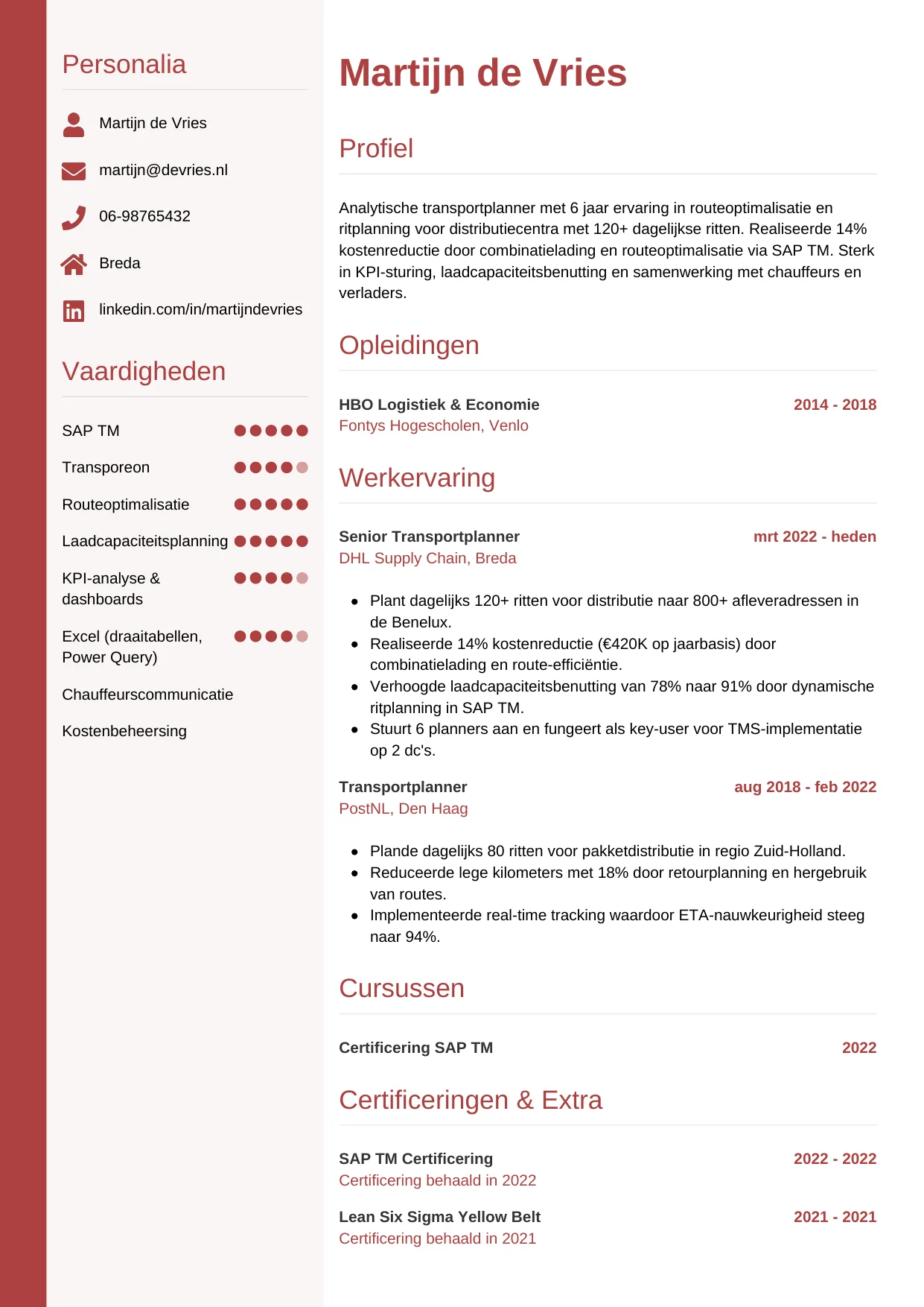 Voorbeeld CV voor transportplanner in template Verticaal. CV Verticaal voor transportplanner