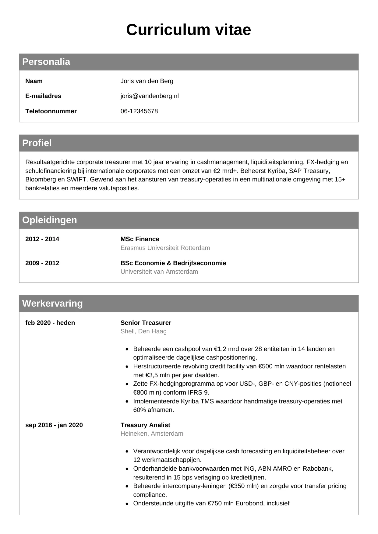 CV Klassiek voor treasurer
