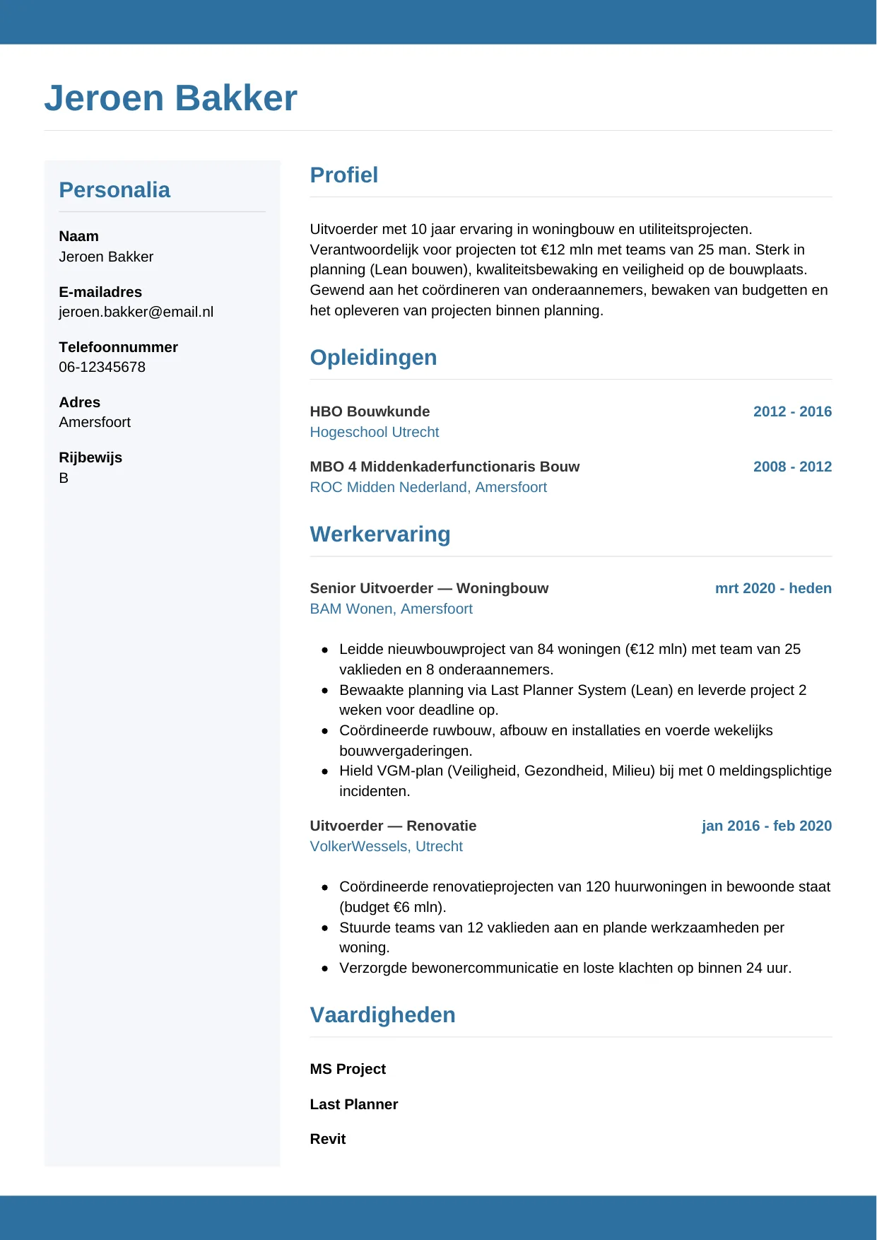 CV Horizontaal voor uitvoerder