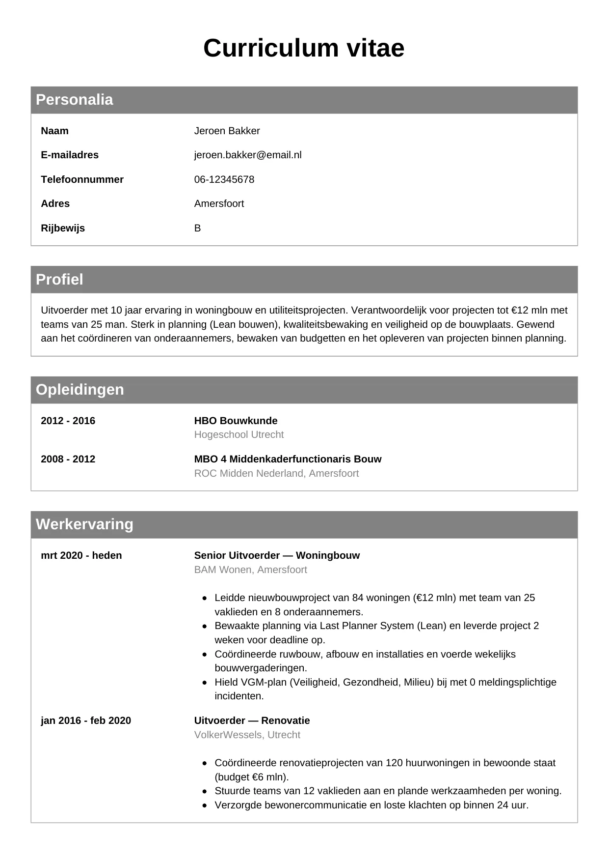 CV Klassiek voor uitvoerder