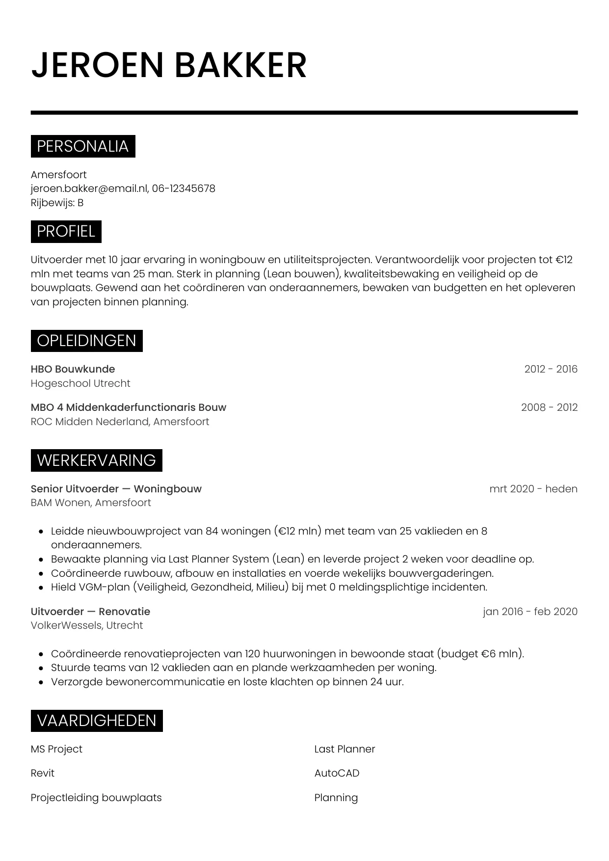 CV Metro voor uitvoerder