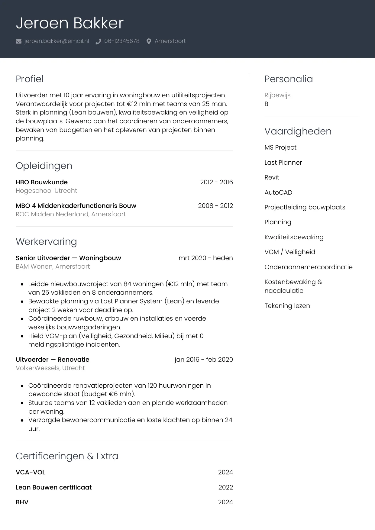 CV Professioneel voor uitvoerder