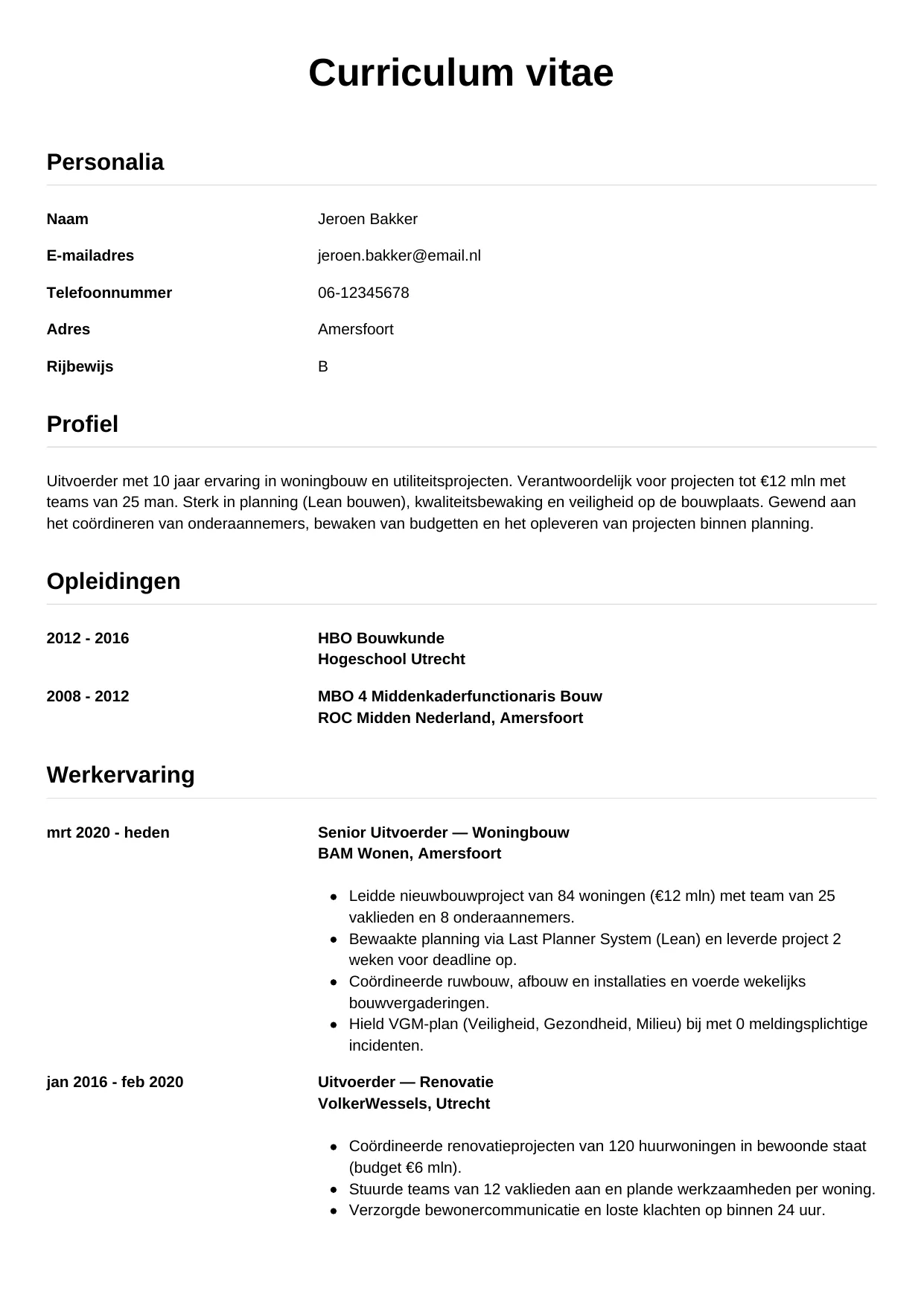 CV Simpel voor uitvoerder