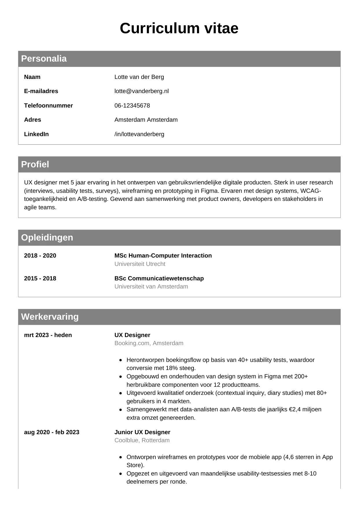 CV Klassiek voor ux designer