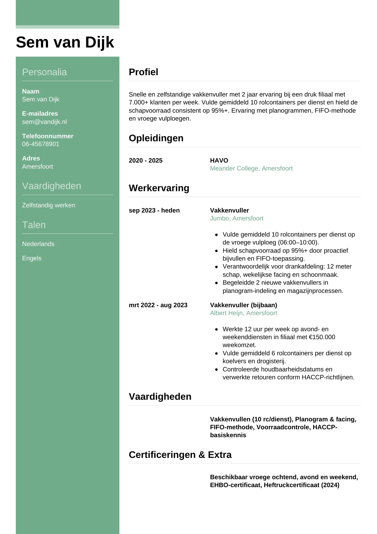 Voorbeeld CV voor vakkenvuller in template Casual. CV Casual voor vakkenvuller