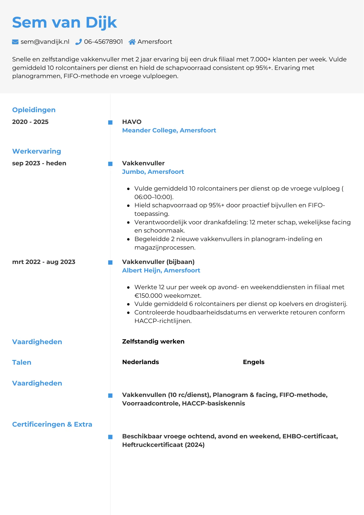 Voorbeeld CV voor vakkenvuller in template Chrono. CV Chrono voor vakkenvuller