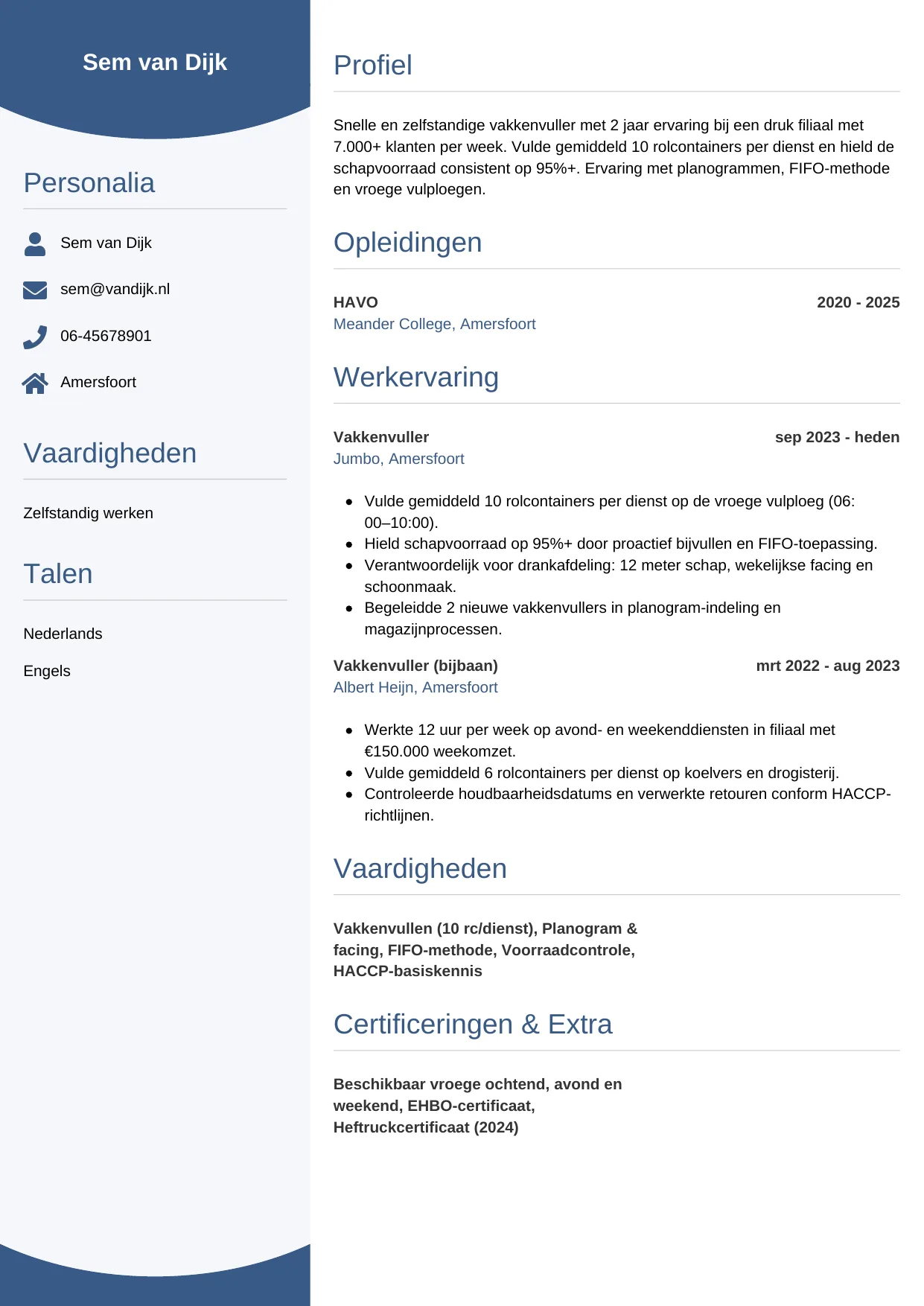 Voorbeeld CV voor vakkenvuller in template Circulair. CV Circulair voor vakkenvuller