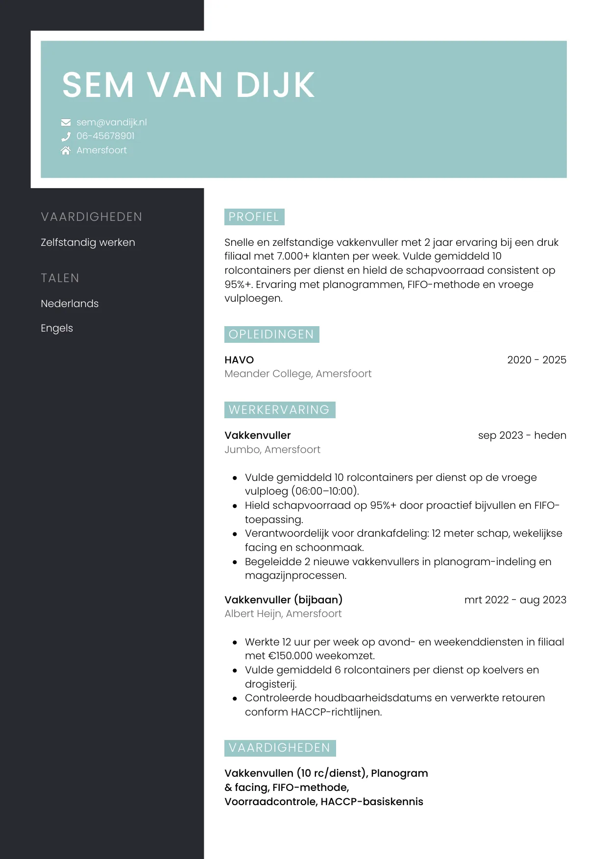 Voorbeeld CV voor vakkenvuller in template Elegant. CV Elegant voor vakkenvuller
