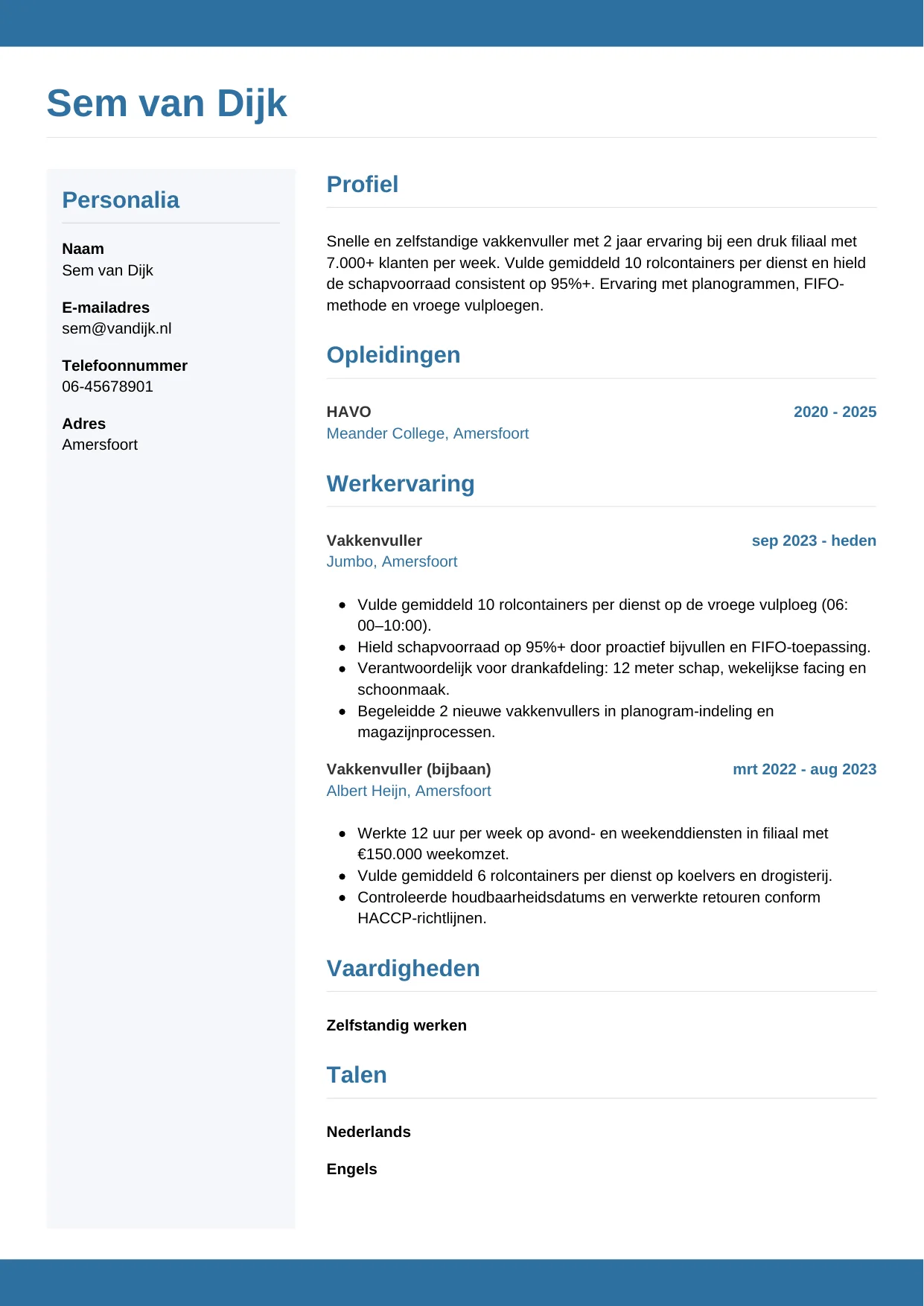 Voorbeeld CV voor vakkenvuller in template Horizontaal. CV Horizontaal voor vakkenvuller